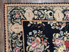 Vintage Chinese Needlepoint Rug 6x9, Floral Panel, Garden Design, European French English, Black with Multicolor Flowers, Wool Needlepoint - Jewel Rugs