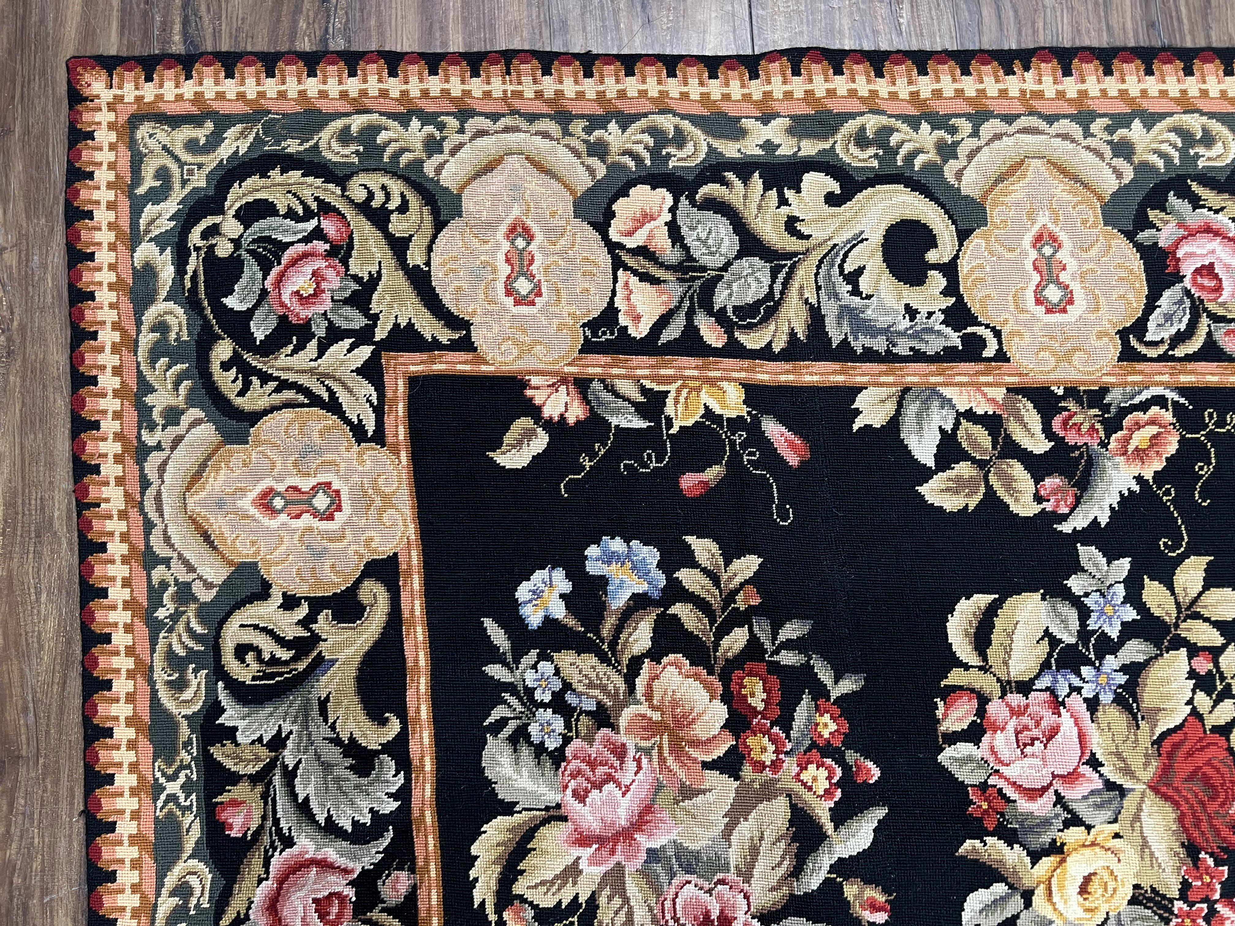 Vintage Chinese Needlepoint Rug 6x9, Floral Panel, Garden Design, European French English, Black with Multicolor Flowers, Wool Needlepoint - Jewel Rugs