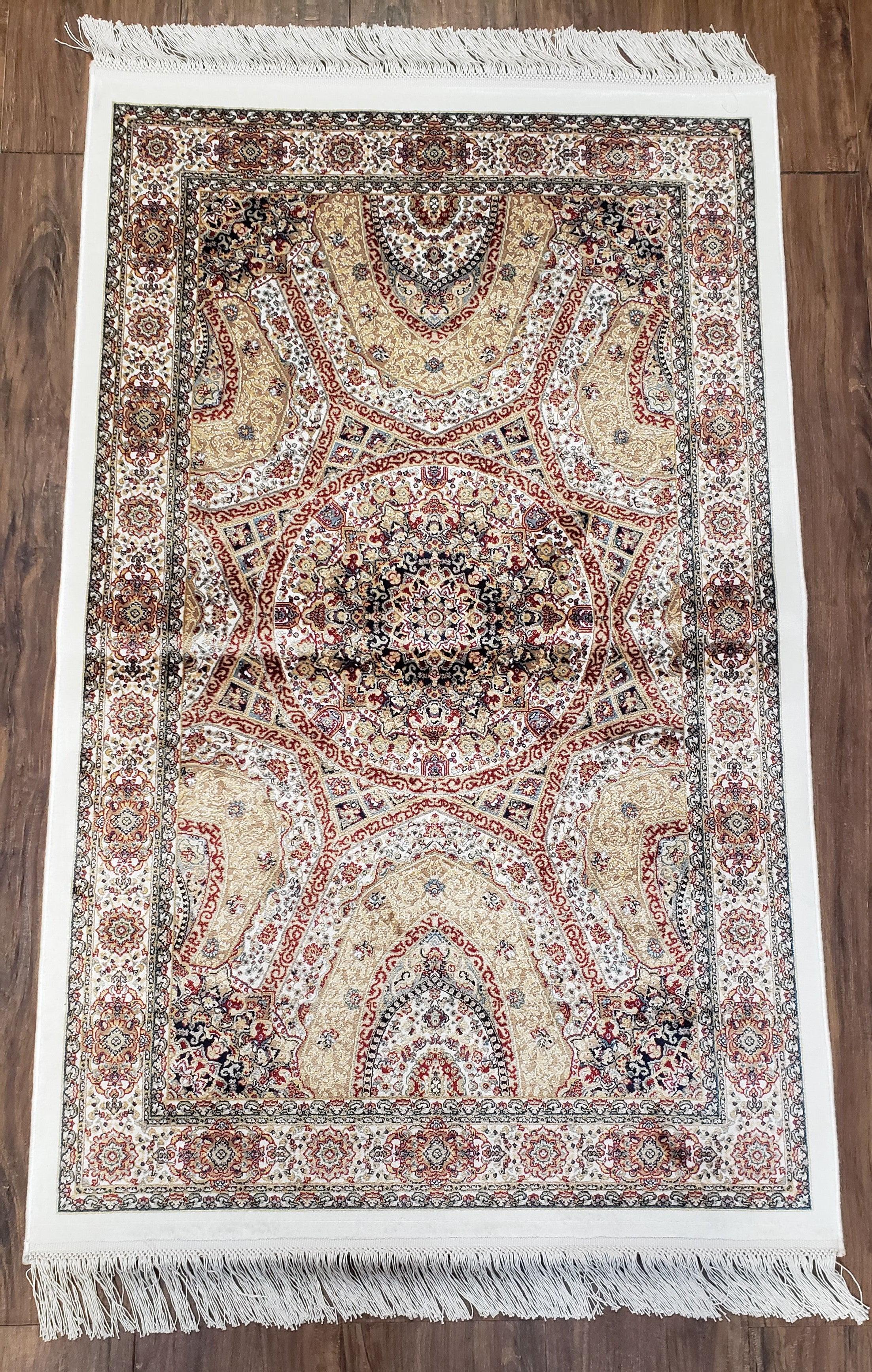 Persian Design Silk Accent Rug, Dome Medallion, Allover Pattern Oriental Carpet, Small Silk Rug, Cream, Ivory, Bamboo Silk, 2' 8" x 4' 1" - Jewel Rugs