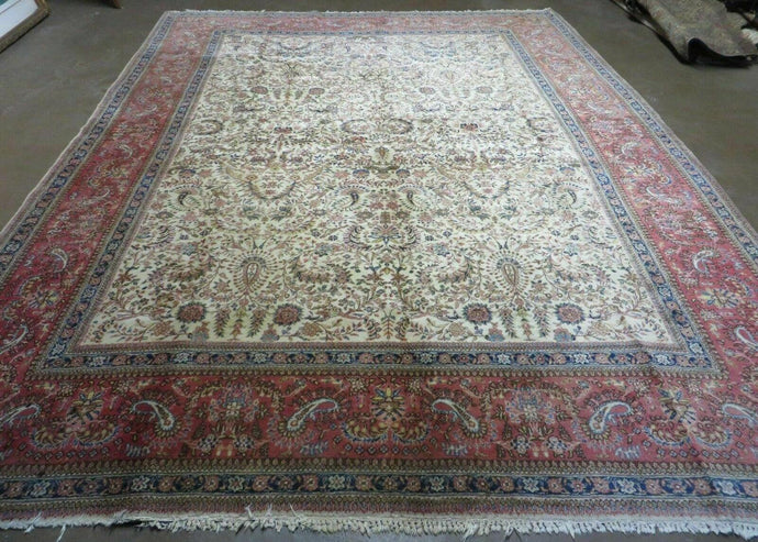 Persian Tabriz Rug 8x10, Antique Authentic Wool Oriental Carpet 8 x 10 ft, Bird Motifs Floral Boteh Paisleys, Cream Red Blue Vintage Handmade Rug - Jewel Rugs
