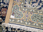 Semi Antique Persian Qum Tree of Life Rug, Hand-Knotted, Wool, Midnight Blue and Tan, Animal Pictorials, Written Poem in Borders, 4' 8" x 7' 8" - Jewel Rugs