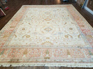 9' X 12' Hand Made Turkish Oushak Wool Rug Oatmeal Beige Coral Signed Wow - Jewel Rugs
