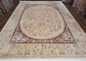 Chinese Aubusson Savonnerie Area Rug 8x12 - 9x12, Vintage 120 Line Carpet, Wool and Silk Hand-Knotted, Birds Flowers Master Weaver Signature - Jewel Rugs