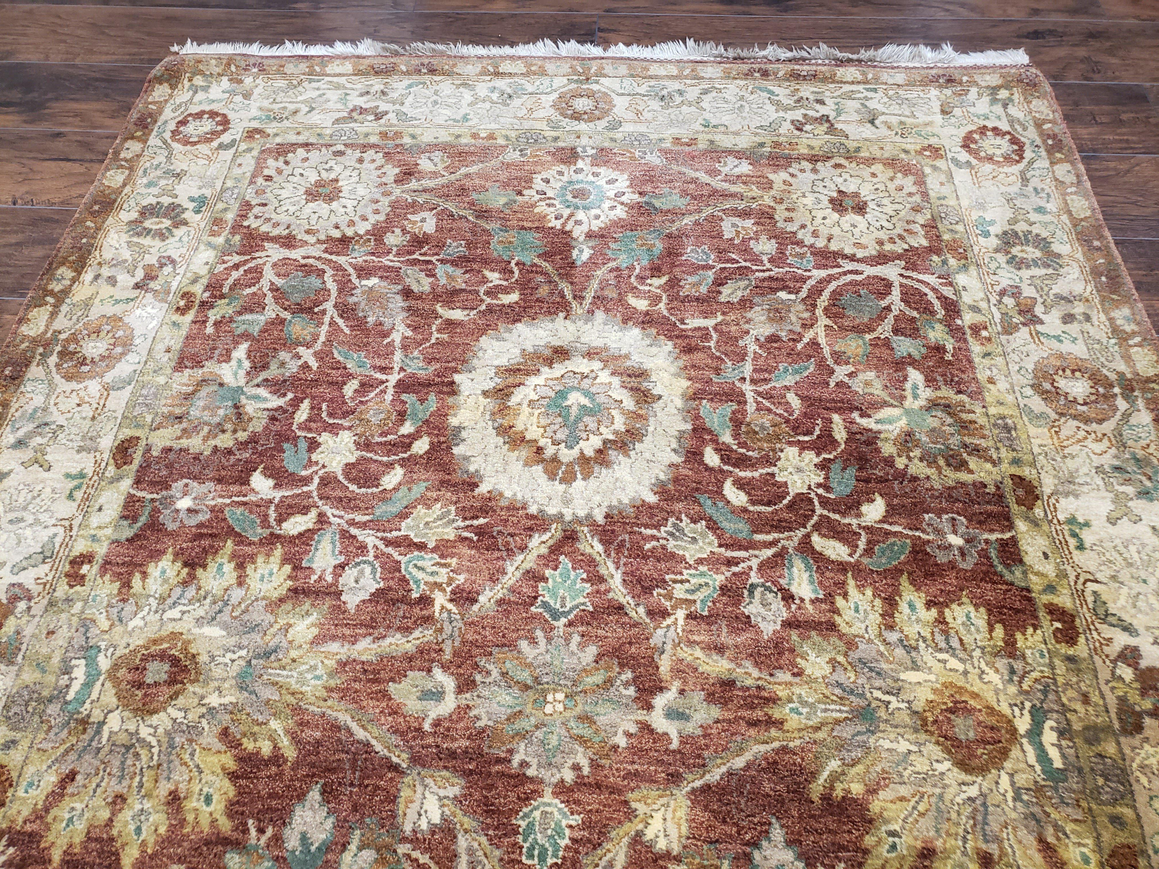 Wide Runner Rug 5 x 14.5, Vintage Indian Mahal Agra Hallway Carpet, Indo Persian Rug, Teawash, Handmade Wool Allover Large Flowers Red Beige - Jewel Rugs