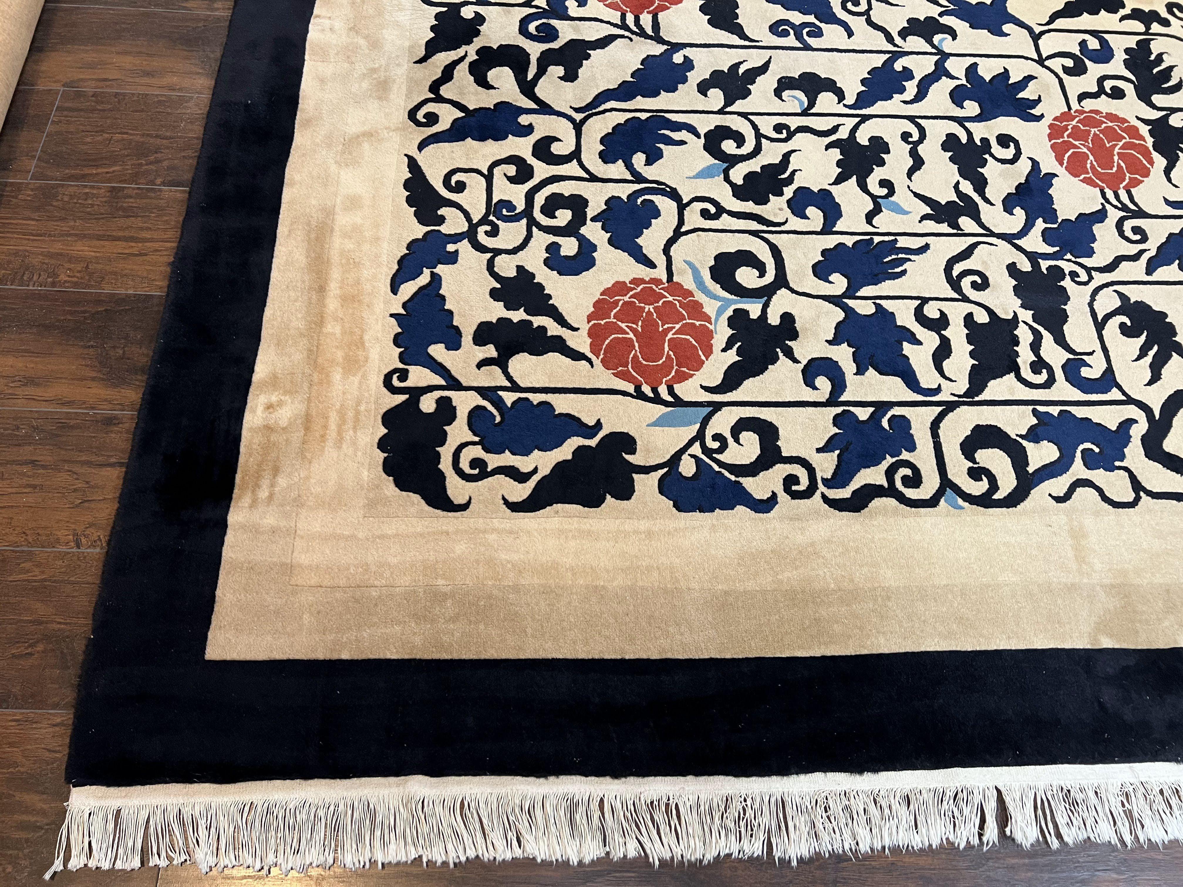 Antique Chinese Peking Rug 10x14, Beige Black, Handmade Wool Art Deco Carpet - Jewel Rugs