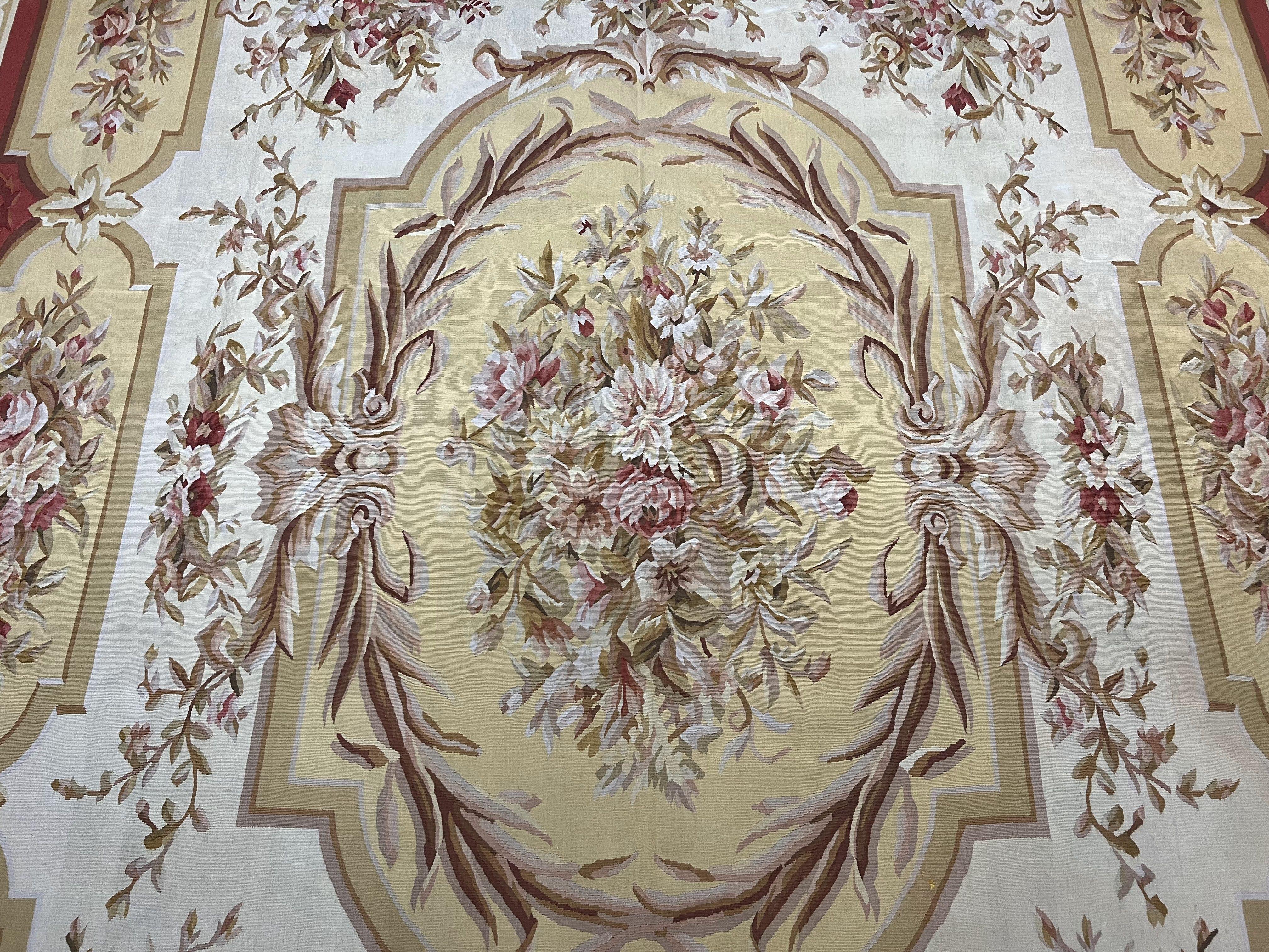 Aubusson Rug 9x12, Elegant Flatweave Savonnerie Carpet 9 x 12 ft, Ivory Light Yellow Red, Handmade Wool Flatweave French European Rug - Jewel Rugs