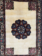 Persian Bidjar Rug 3x5, Open Field Medallion, Hand Knotted, Ivory/Cream Red Blue, Wool Oriental Bijar Carpet, 3 x 5 Vintage Area Rug, Floral Roses, Fine - Jewel Rugs