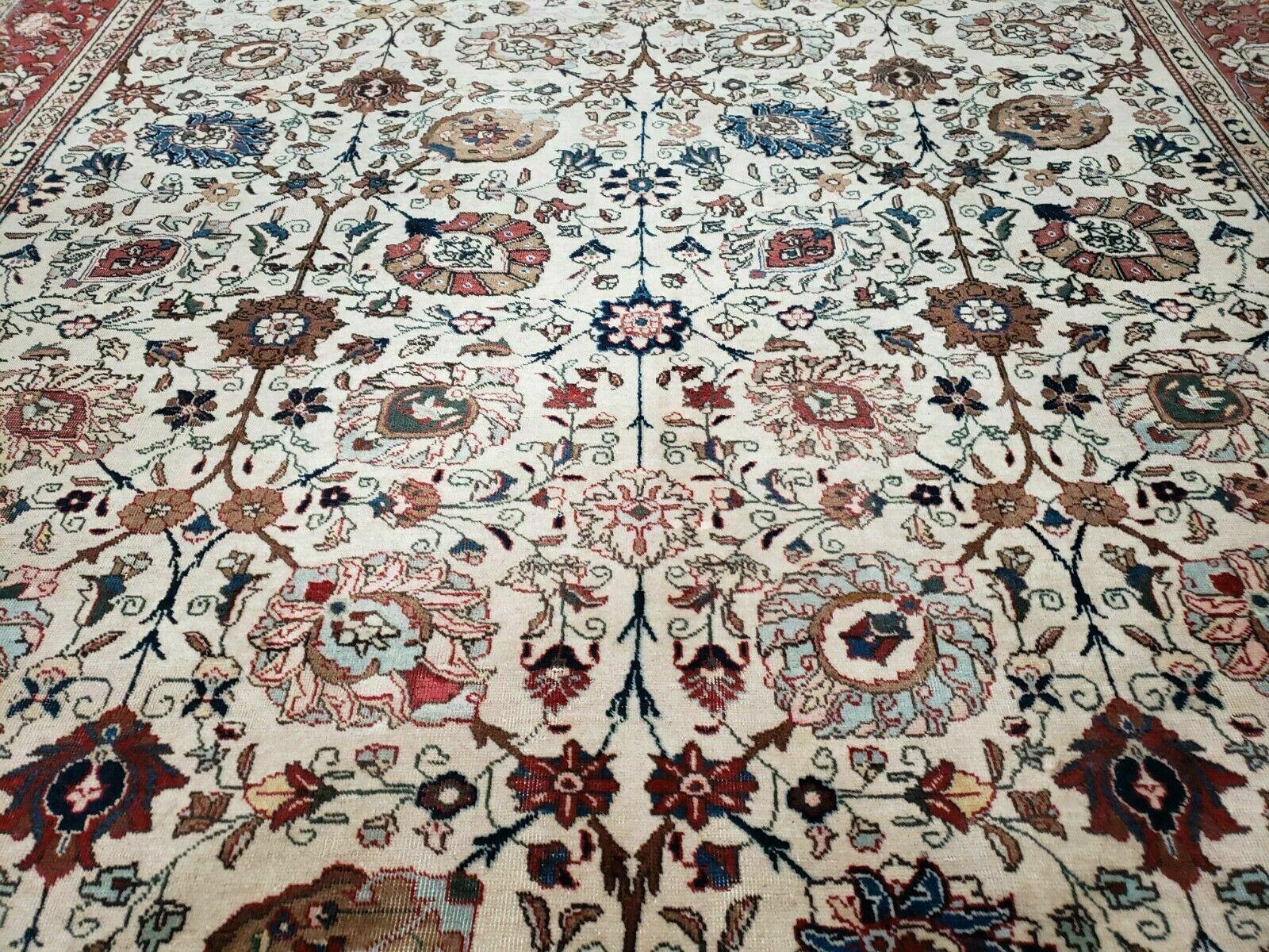Antique Persian Tabriz Rug 9x12, Hand Knotted Oriental Carpet 9 x 12 ft, Vintage Wool Room Sized Rug, Cream and Red, Floral Allover Handmade Rug - Jewel Rugs