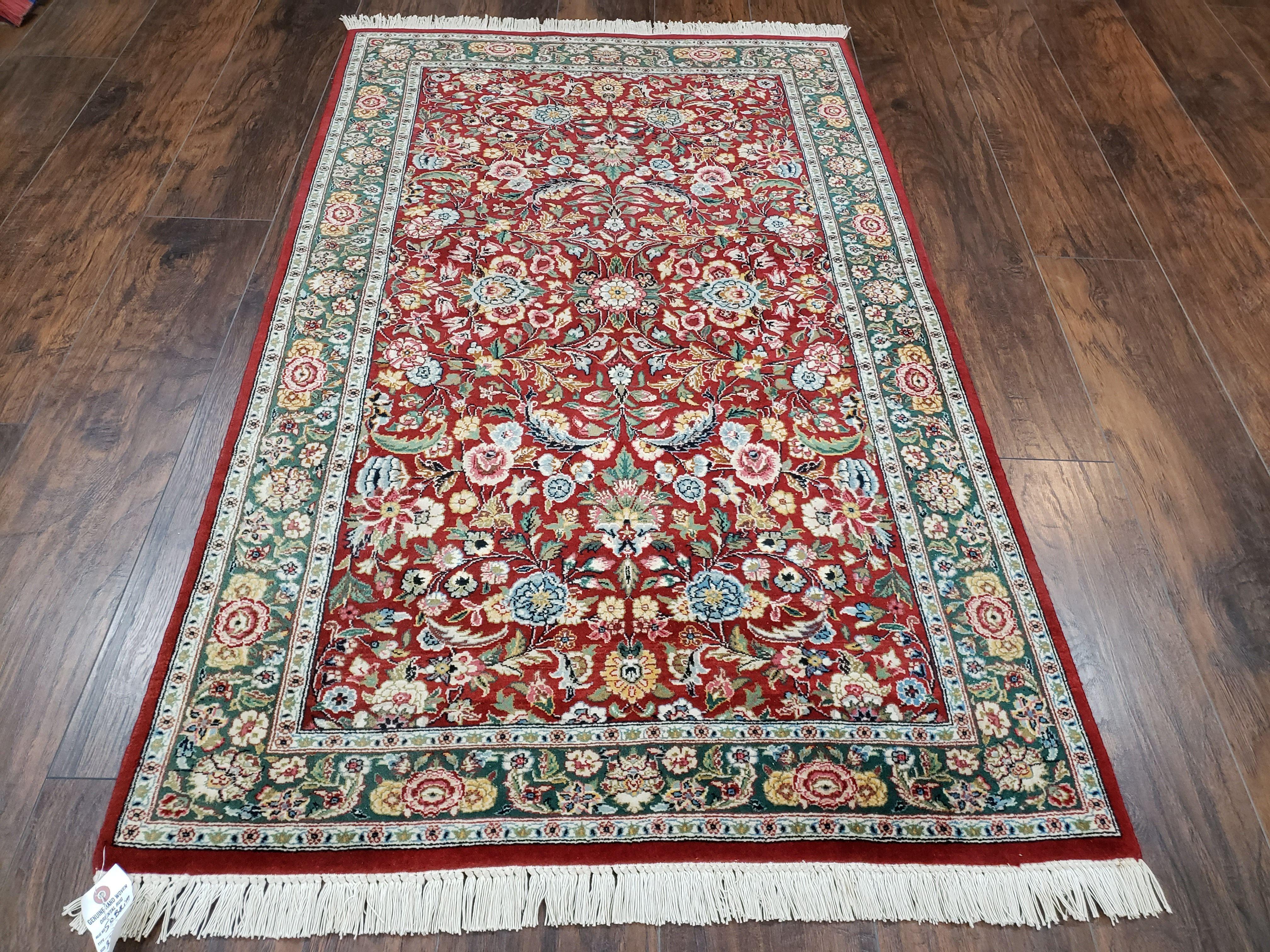 Indo-Persian Rug 3x5, Vintage Traditional Oriental Carpet 3 x 5, Afshan Allover Floral Pattern Red & Green Wool Hand-Knotted Fine Indian Rug - Jewel Rugs