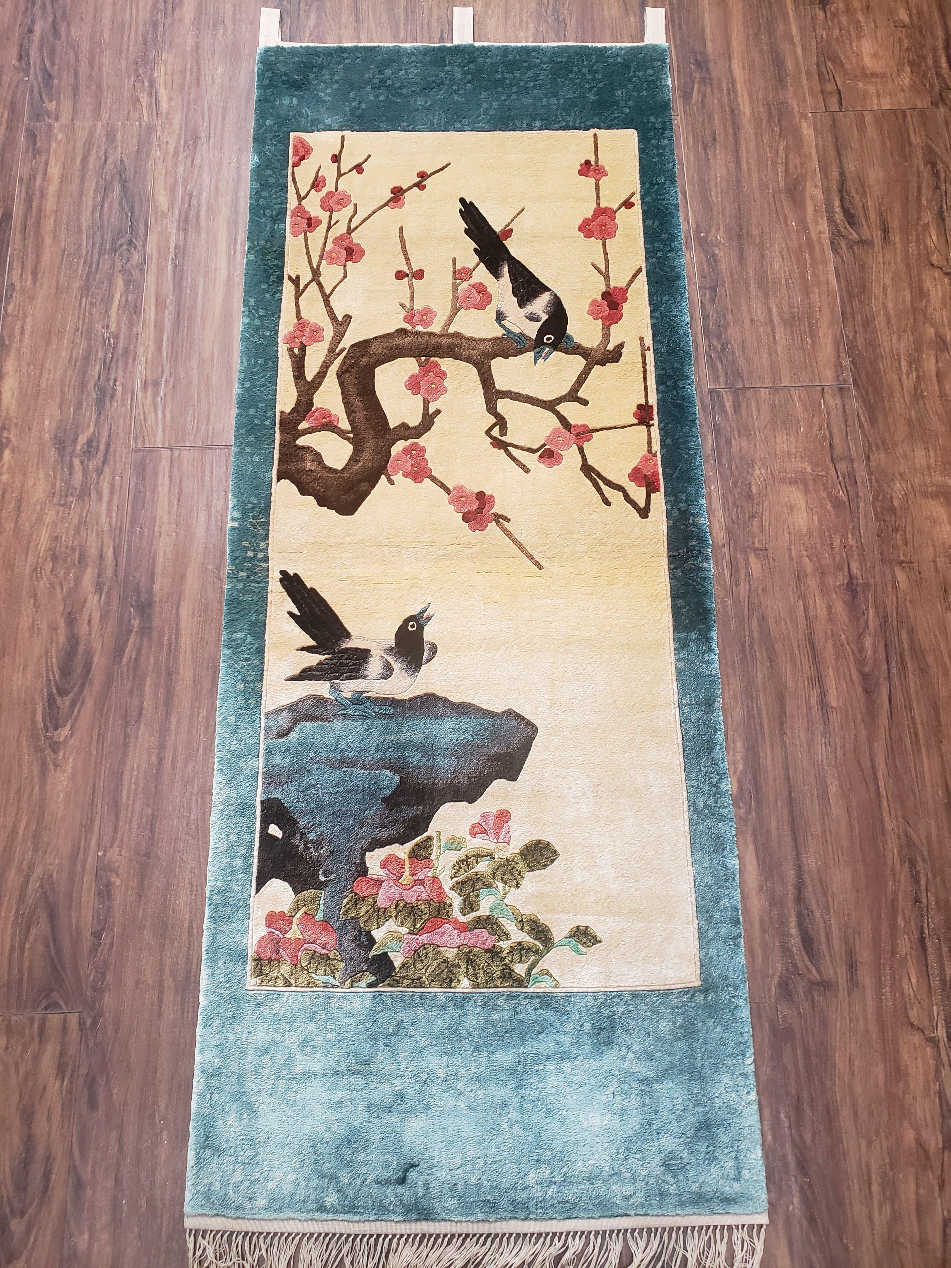 Vintage Chinese Tapestry Wall Hanging Rug 2x5 Hand-Knotted Chinese Silk Wall Hanging, Teal Cream 1960s Art Deco Tapestry Carpet Birds Pair A - Jewel Rugs