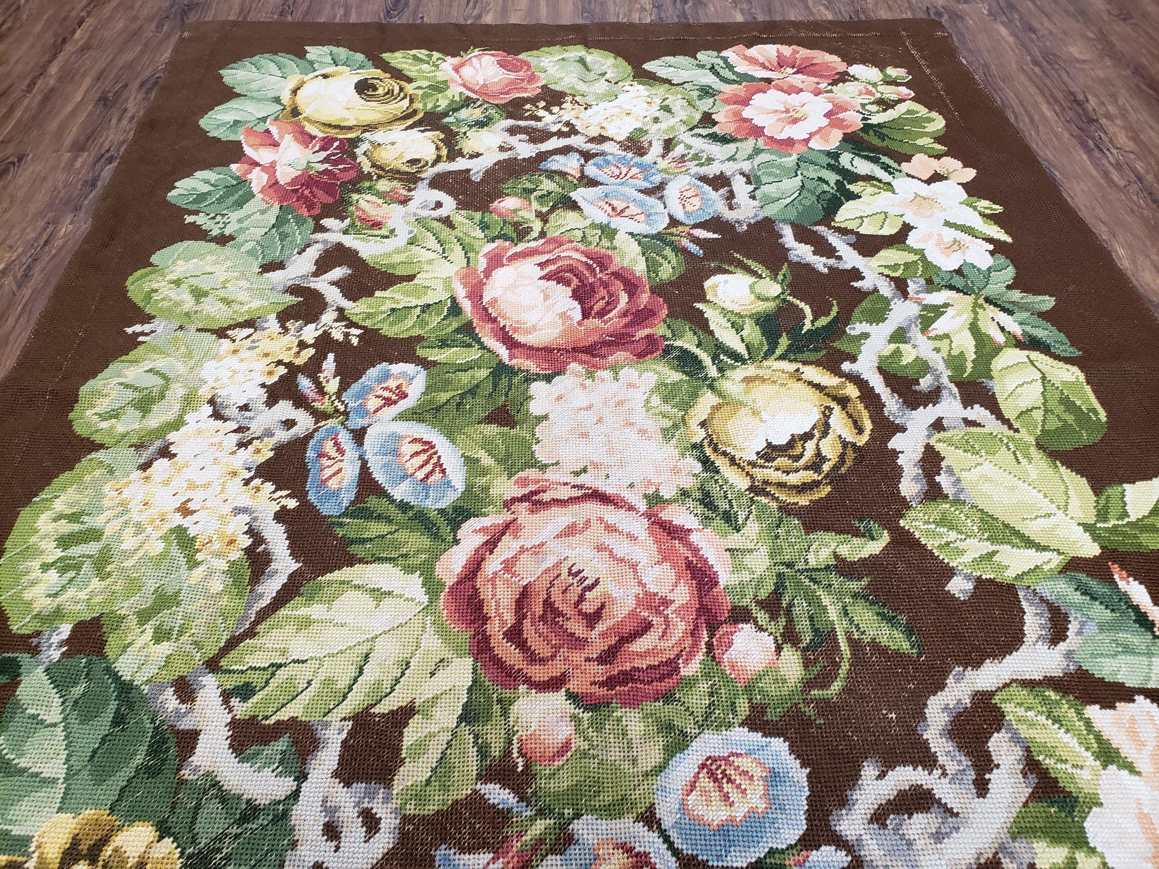 Floral Needlepoint Rug, Medium Rug, Vintage Area Rug, Handmade Flat Weave Rug, Dark Brown Rug, Multicolor Large Colorful Flowers, 5x8 - 6x8 - Jewel Rugs