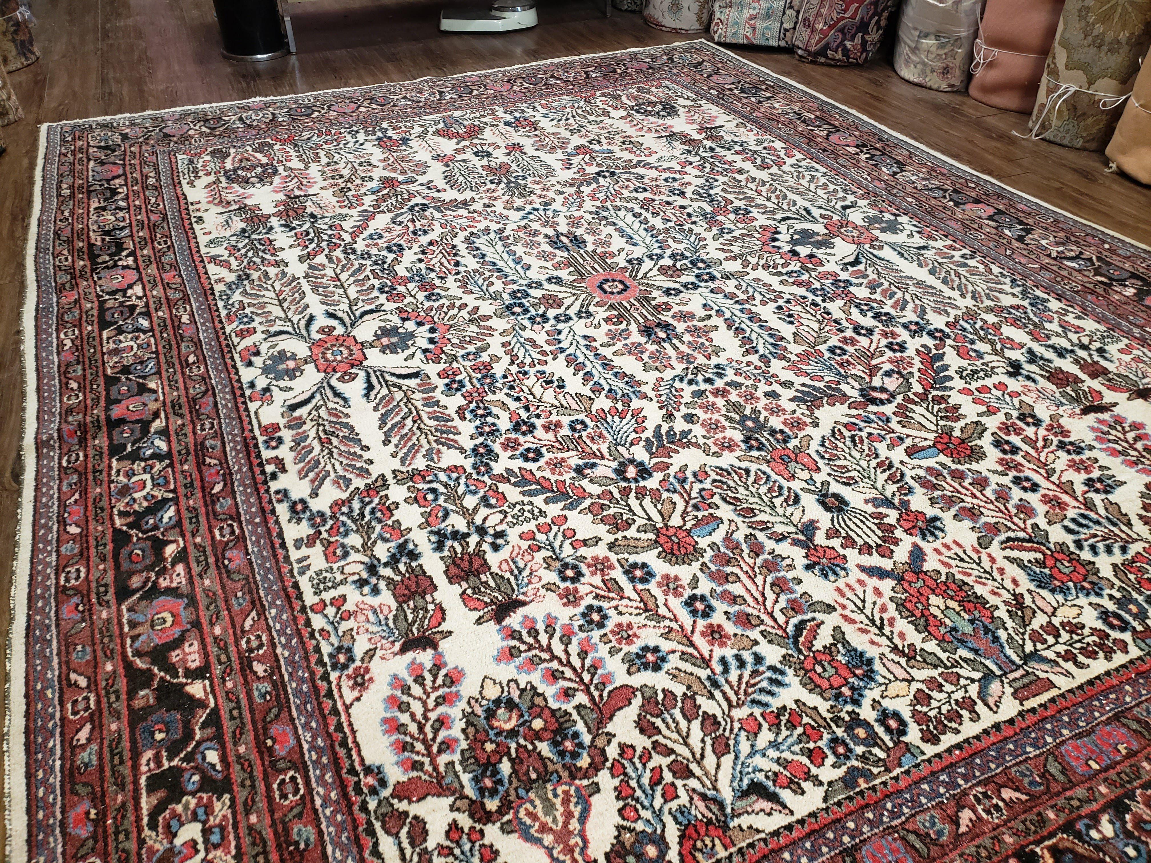 Semi Antique Persian Hamadan Dargazin Rug, Ivory Red Midnight Blue, Hand-Knotted, Wool, Allover Floral, 8'9" x 11' 9" - Jewel Rugs