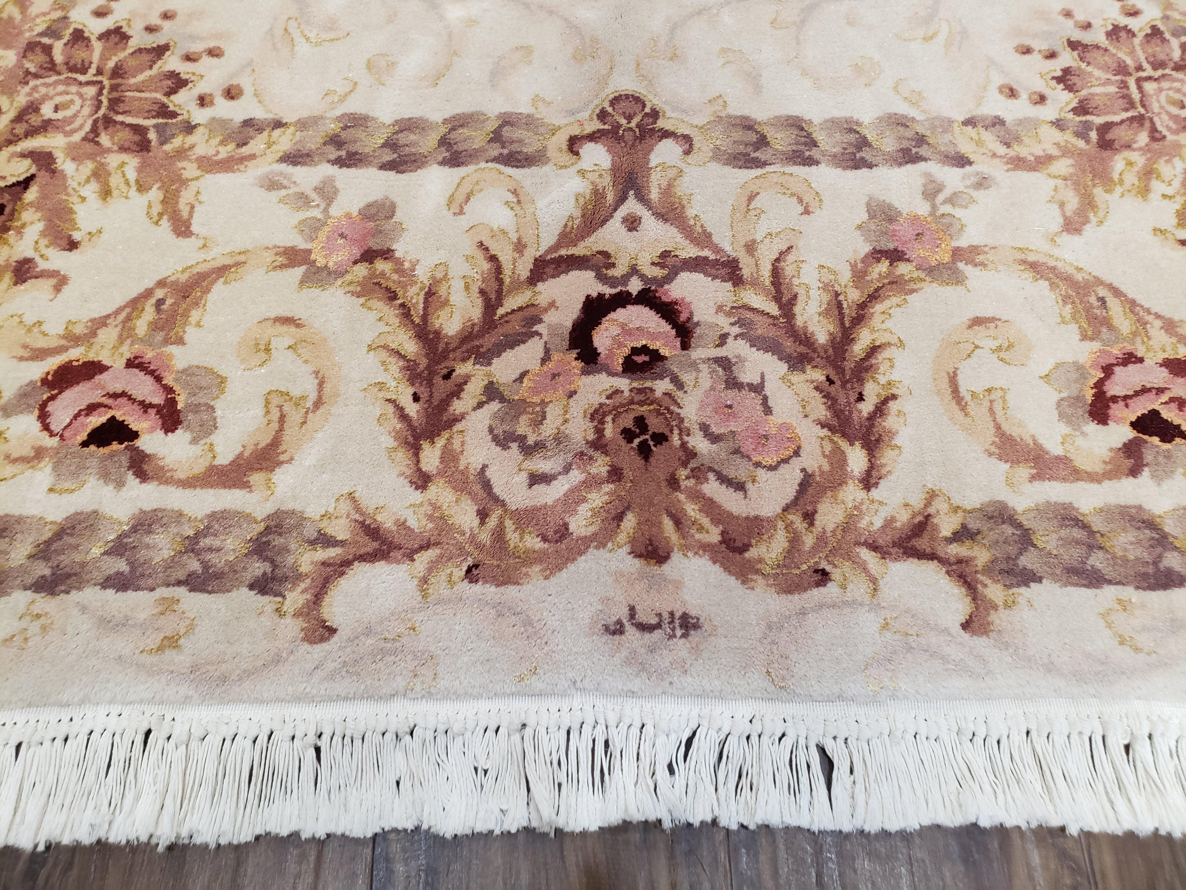 Vintage Ivory Chinese Aubusson Area Rug 6x9, Wool & Silk, Hand-Knotted 120 Line Fine Rug, European Design Carpet, 6 x 9 Master Signature Rug - Jewel Rugs