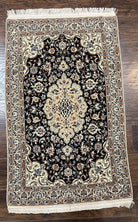 Fine Vintage Persian Nain Rug 2.8 x 4.2, Floral Medallion, Navy Blue and Cream, Highly Detailed, Small Oriental Rug 2.5 x 4, Hand Knotted Wool & Silk Accents - Jewel Rugs