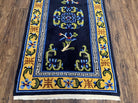 Chinese Art Deco Rug 3 x 5.9, Handmade Chinese Peking Carpet, Dark Blue and Gold, Medallion, Asian Oriental 3x6 Hand Knotted Vintage Rug - Jewel Rugs