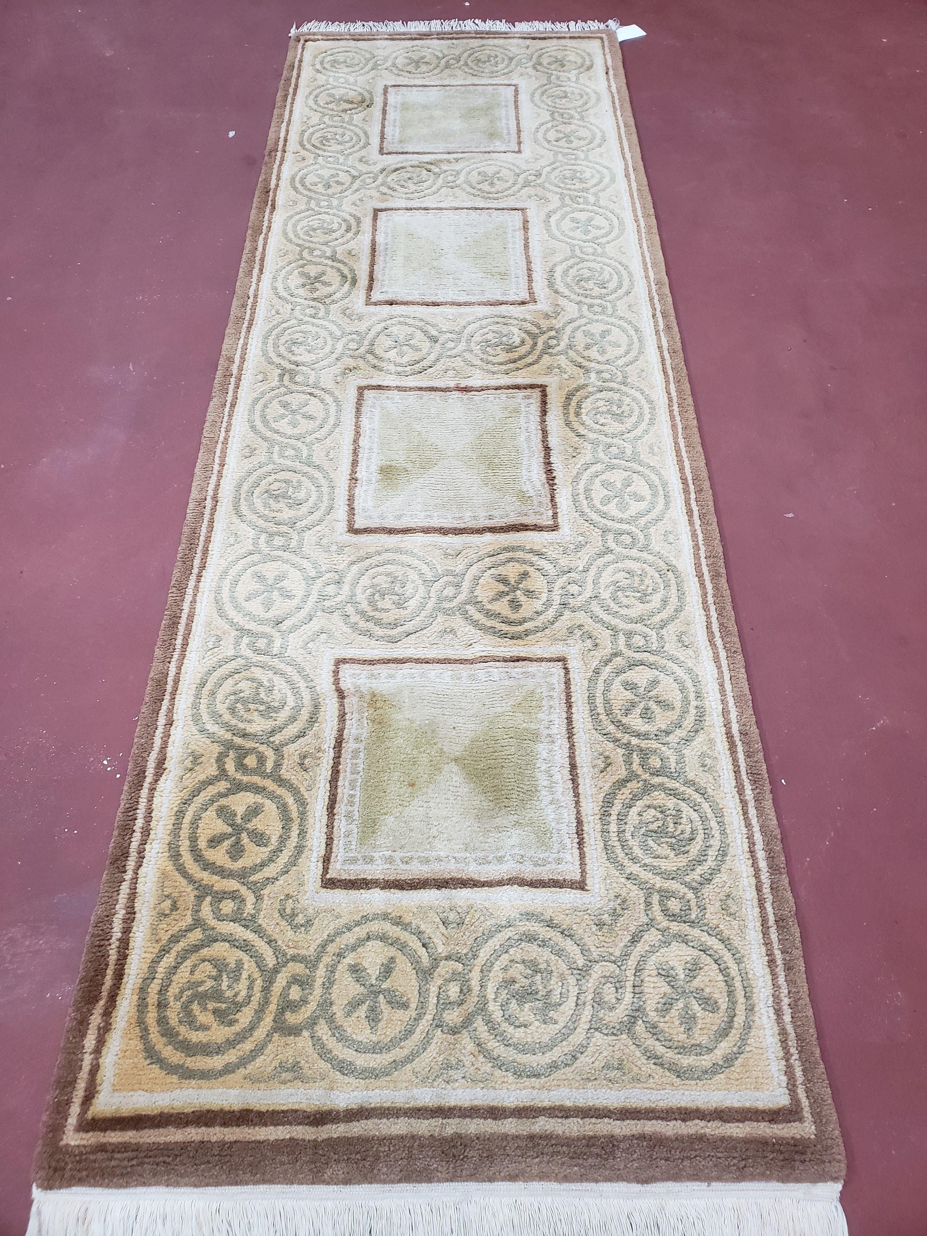 Vintage Tibetan Runner Rug 2.6 x 7.9 ft, Wool Hand-Knotted Nepali Carpet, Cream & Brown Tibetan Hallway Rug, Corridor Rug 2.5x7 - 3x8, Soft - Jewel Rugs