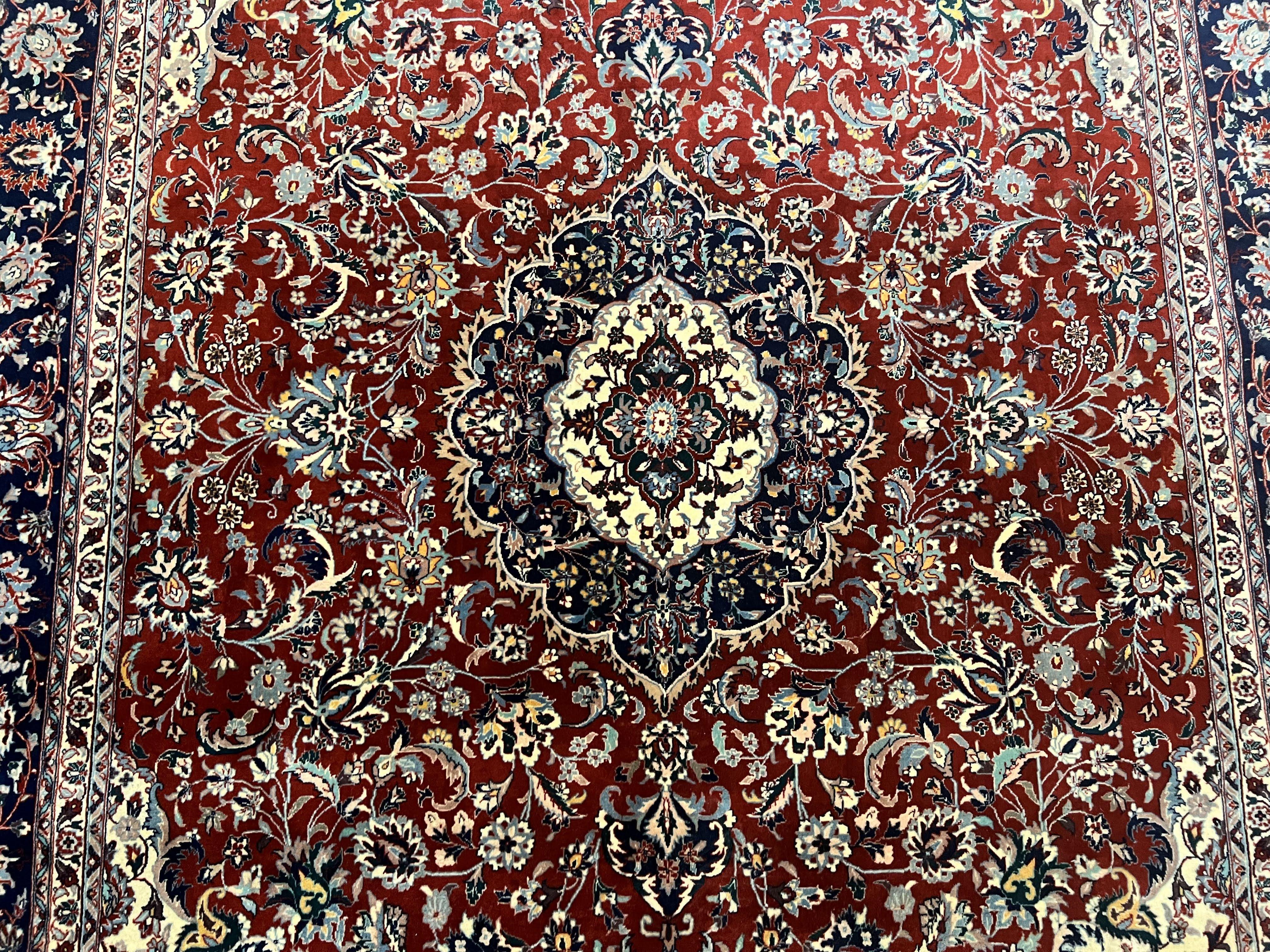 Fine Sino Persian Rug 7x10 ft, Floral Central Medallion Oriental Carpet, Red Navy Blue Cream, Hand Knotted Wool Traditional Vintage Rug - Jewel Rugs