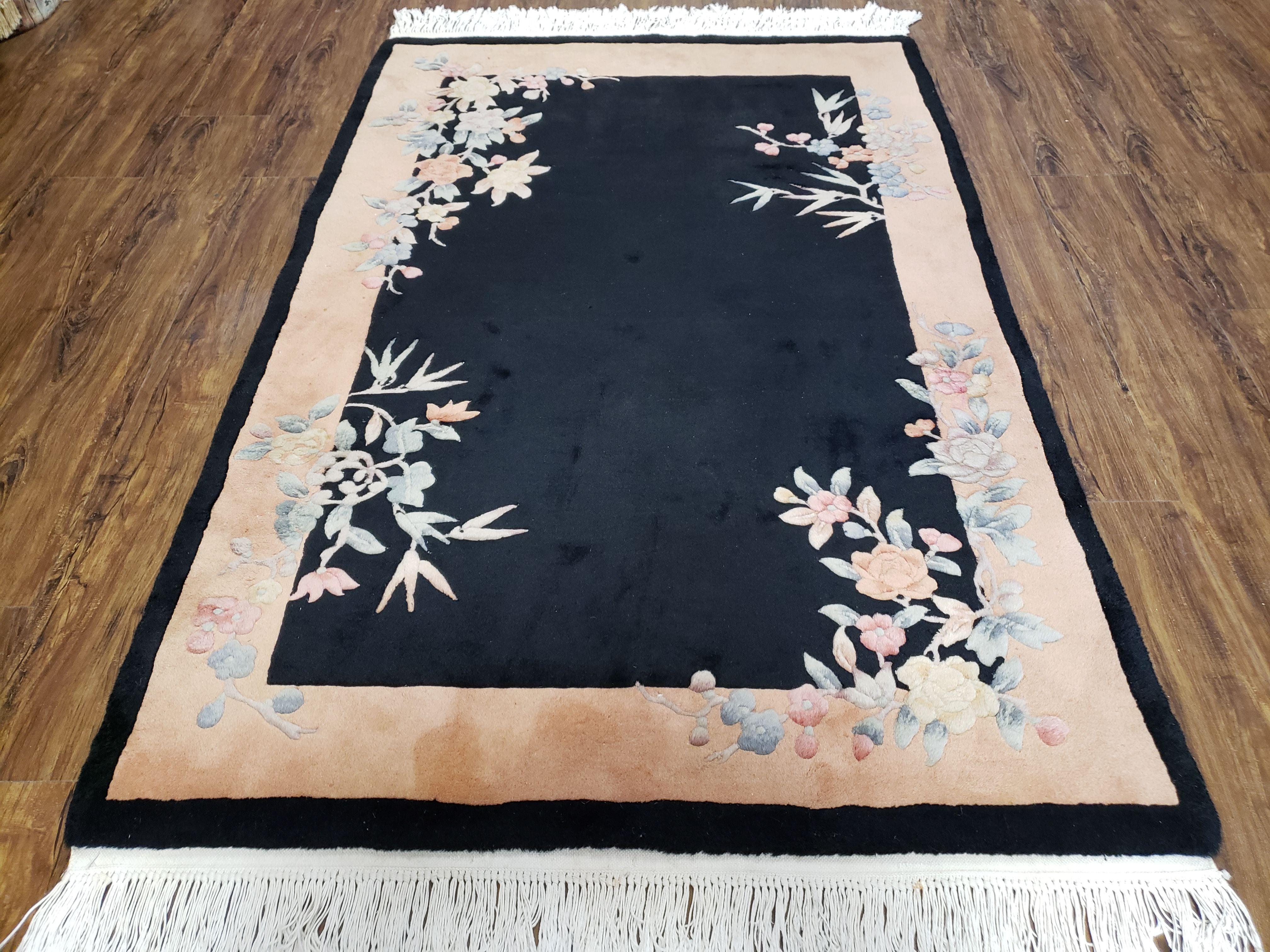 Chinese Art Deco Carpet 4x6, Black & Peach Chinese Oriental Rug 4 x 6, Flowers, Simple Design, 90 Line, Vintage, Wool, Soft, Thick Pile - Jewel Rugs