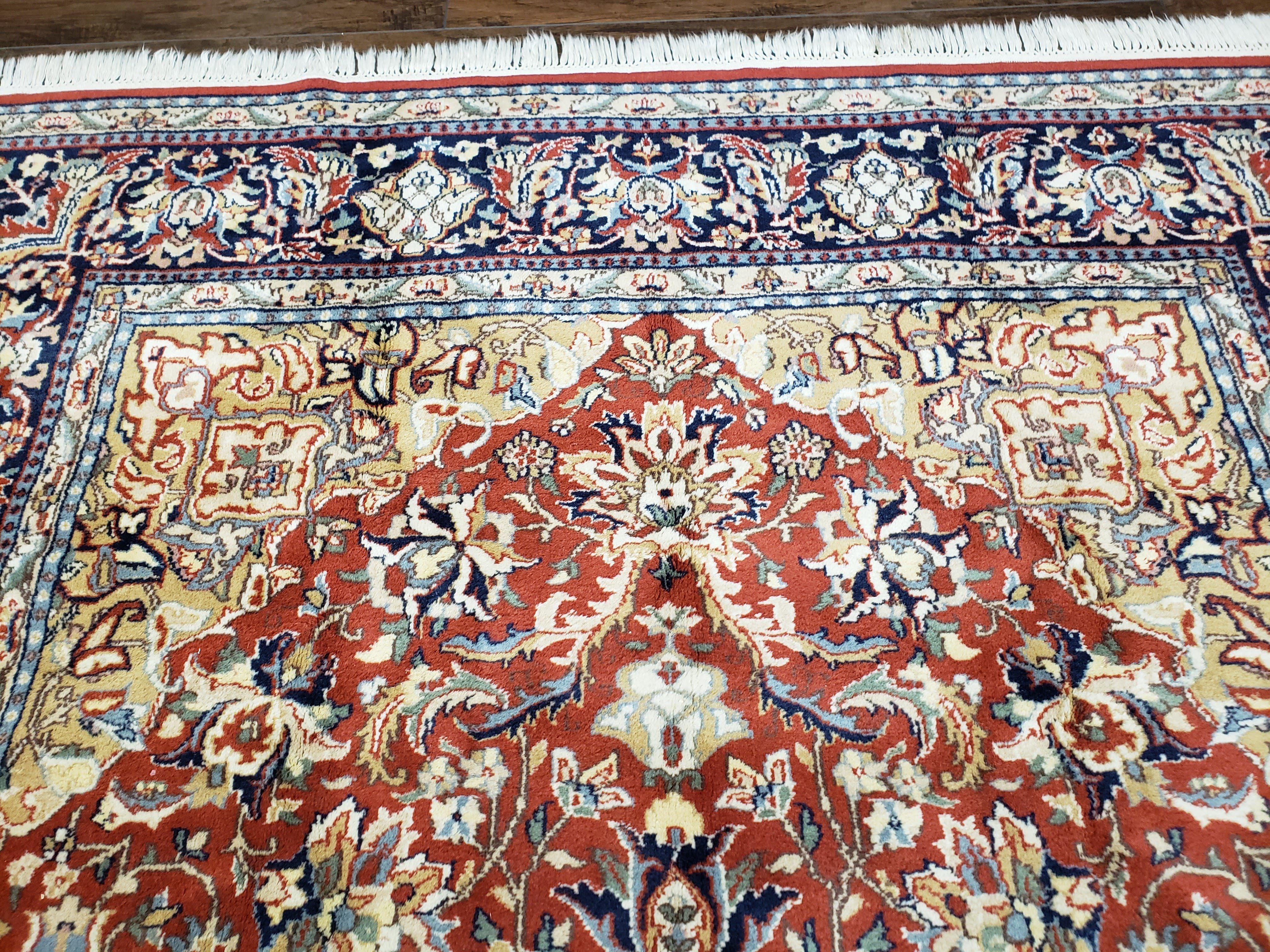 Vintage Indo Persian Oriental Rug 6 x 9.6, Wool Hand-Knotted Red Dark Blue & Gold Indian Carpet, 6 x 9 Office Room Rug, Floral Medallion - Jewel Rugs