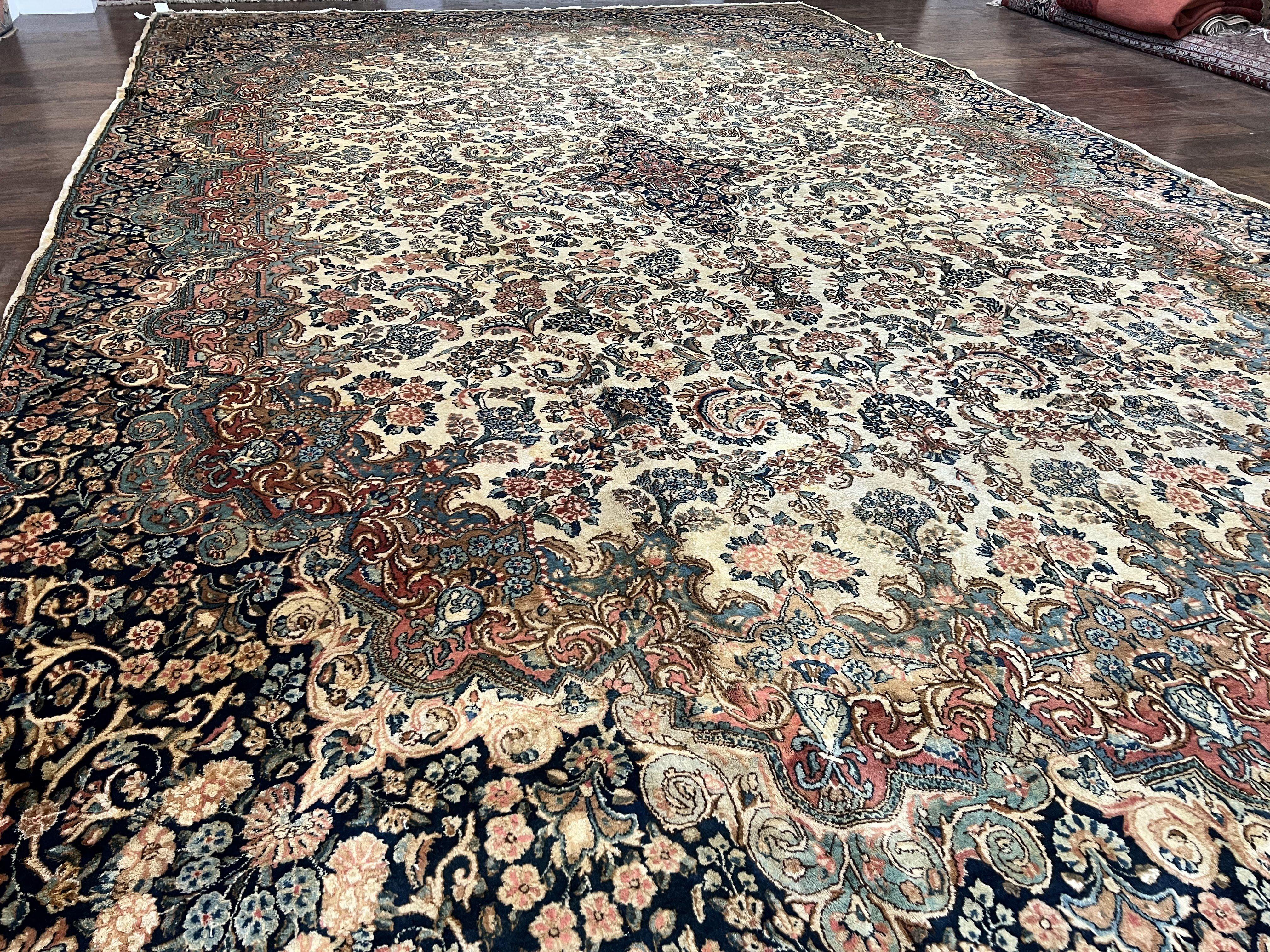 Antique Persian Kirman Rug 10x17 Oversized Oriental Carpet, Allover Floral 10 x 17 Wool Rug, Hand Knotted, Beige Multicolor Extra Large Rug - Jewel Rugs