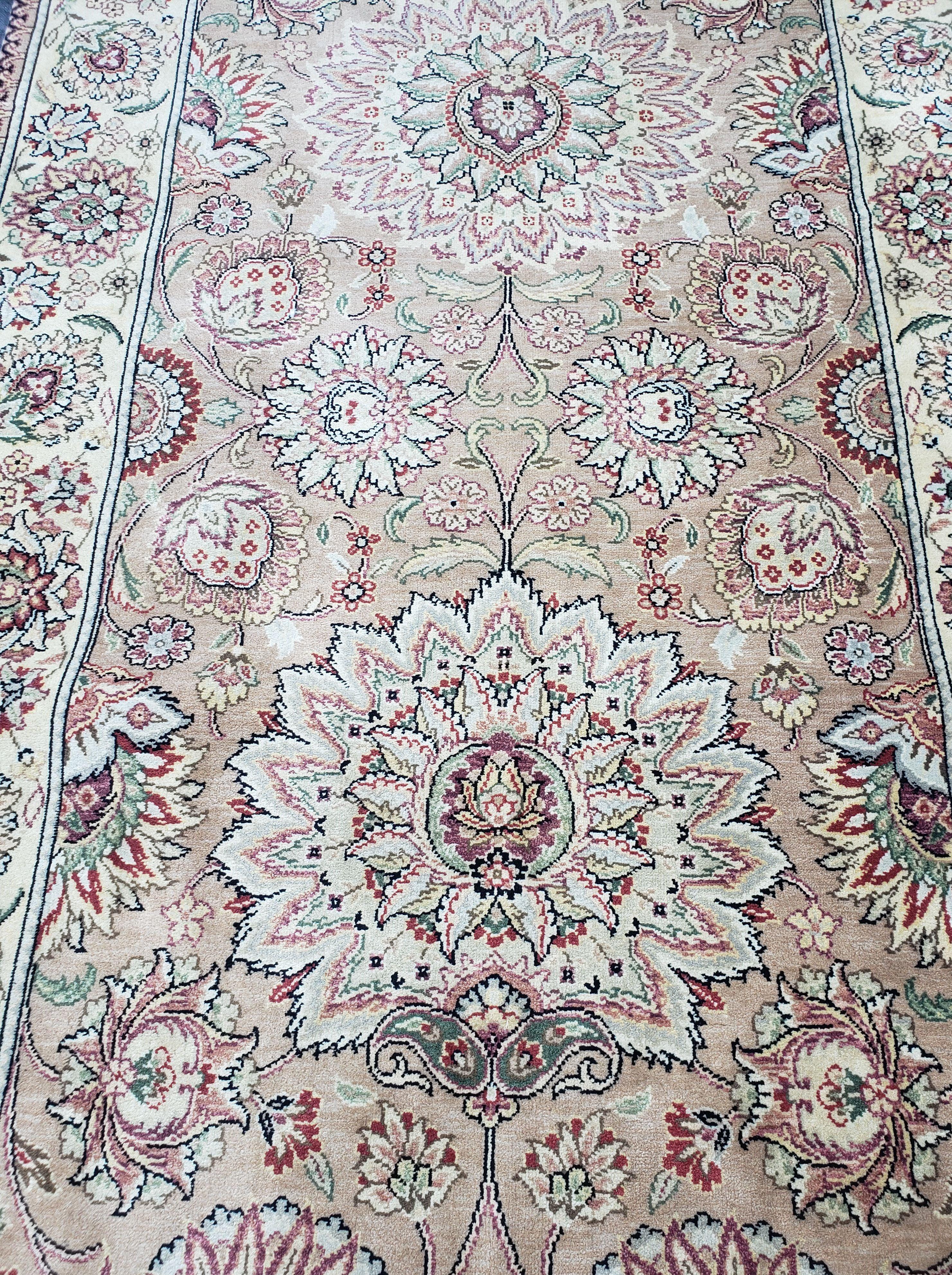 Vintage Very Long Runner 27' ft, Hand-Knotted, Light Salmon Pink & Beige, Indo Mahal Rug, Indian Carpet, Persian Oriental Design, 4' x 27' - Jewel Rugs