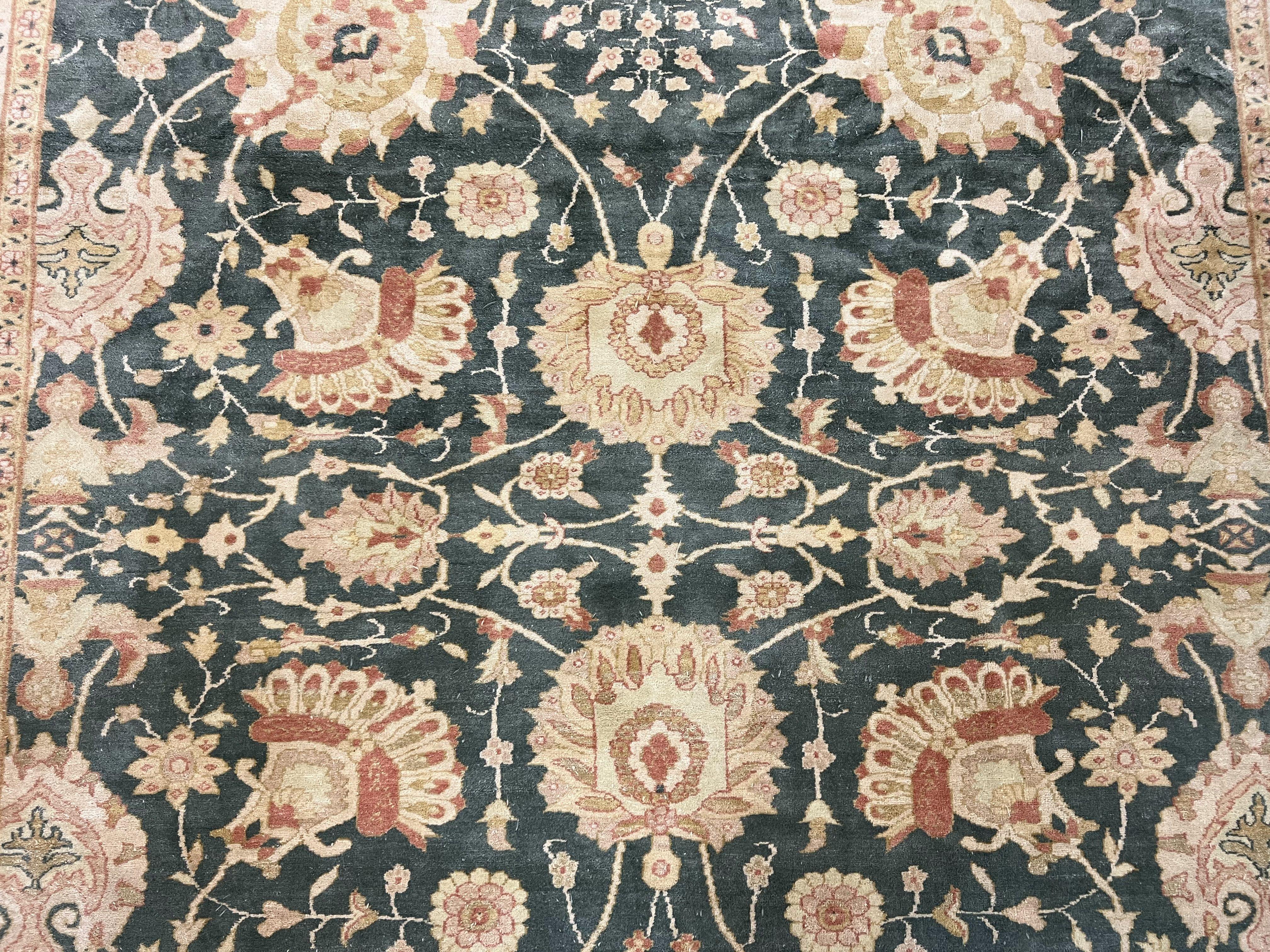 Egyptian Mahal Rug 10x14, Large Vintage Floral Hand Knotted Wool Carpet 10 x 14, Dark Green and Beige Traditional Handmade Persian Area Rug - Jewel Rugs