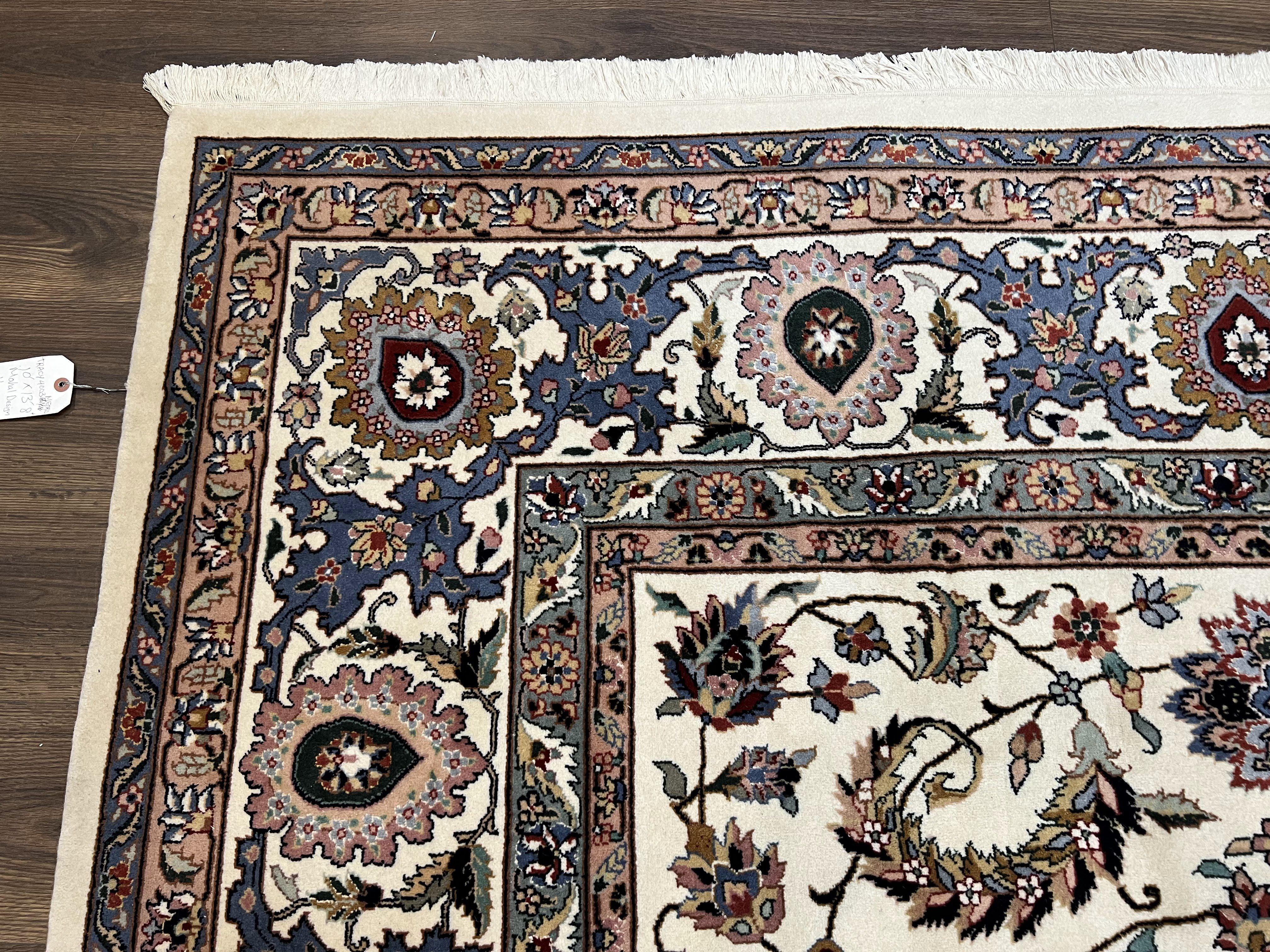 Large Indo Persian Rug 10x14, Hand Knotted Wool Area Rug 10 x 14, Vintage Oriental Carpet, Allover Floral, Indian Mahal, Ivory and Teal Rug - Jewel Rugs