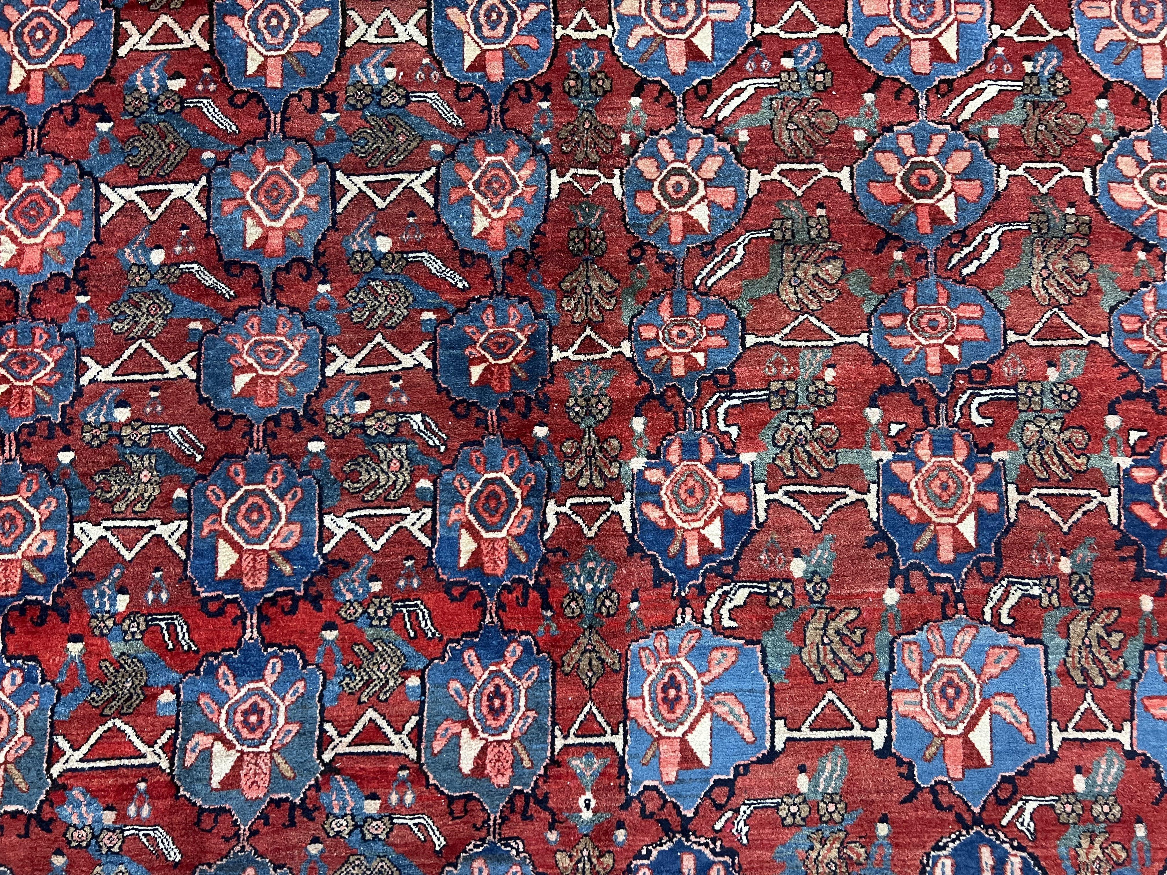 Antique Persian Bijar Rug 9x12 - Allover Motif, Red & Blue - Jewel Rugs