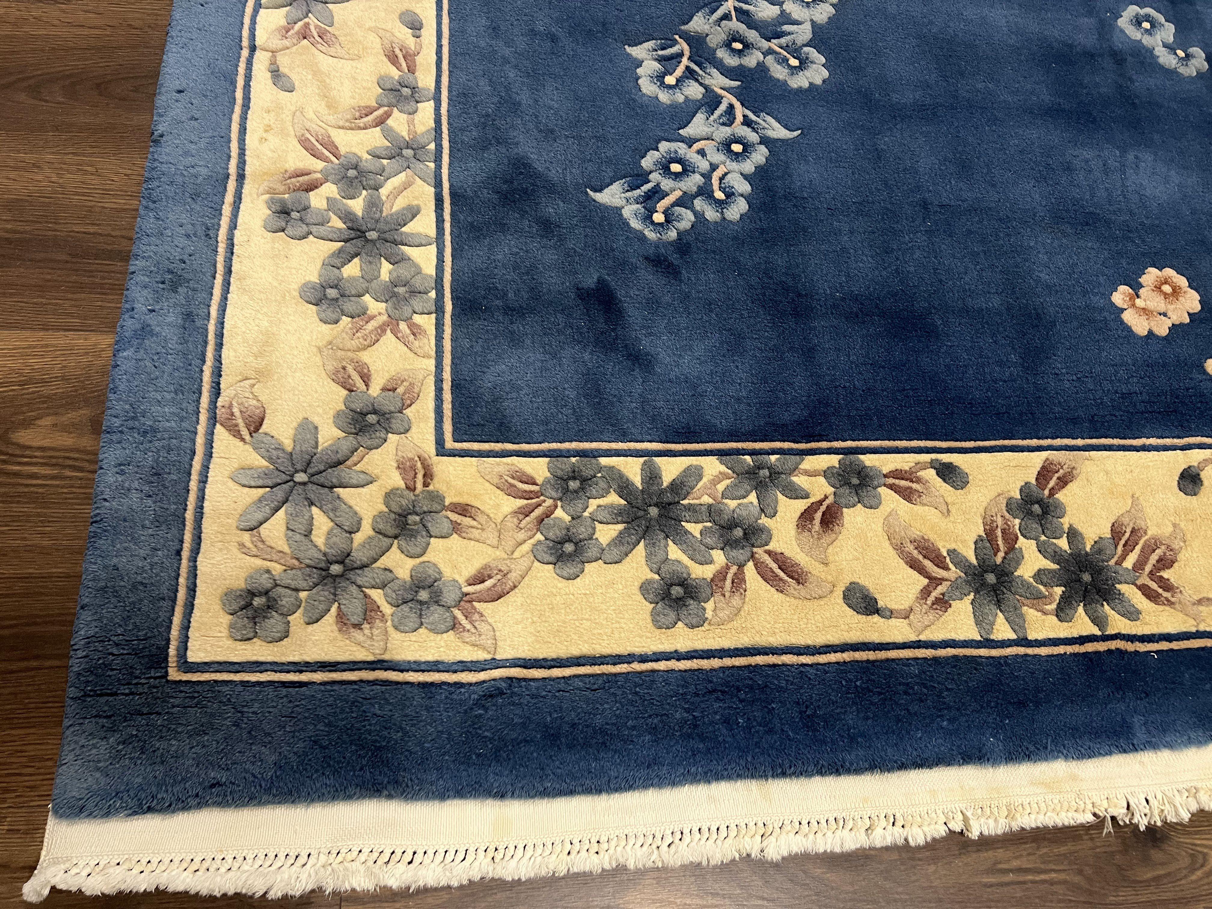 Chinese Wool Rug 8x10, Blue and Cream Art Deco Carpet, Vintage 1960s Oriental 120 Line Nichols Rug, Floral Design, Soft Plush Wool, Handmade - Jewel Rugs