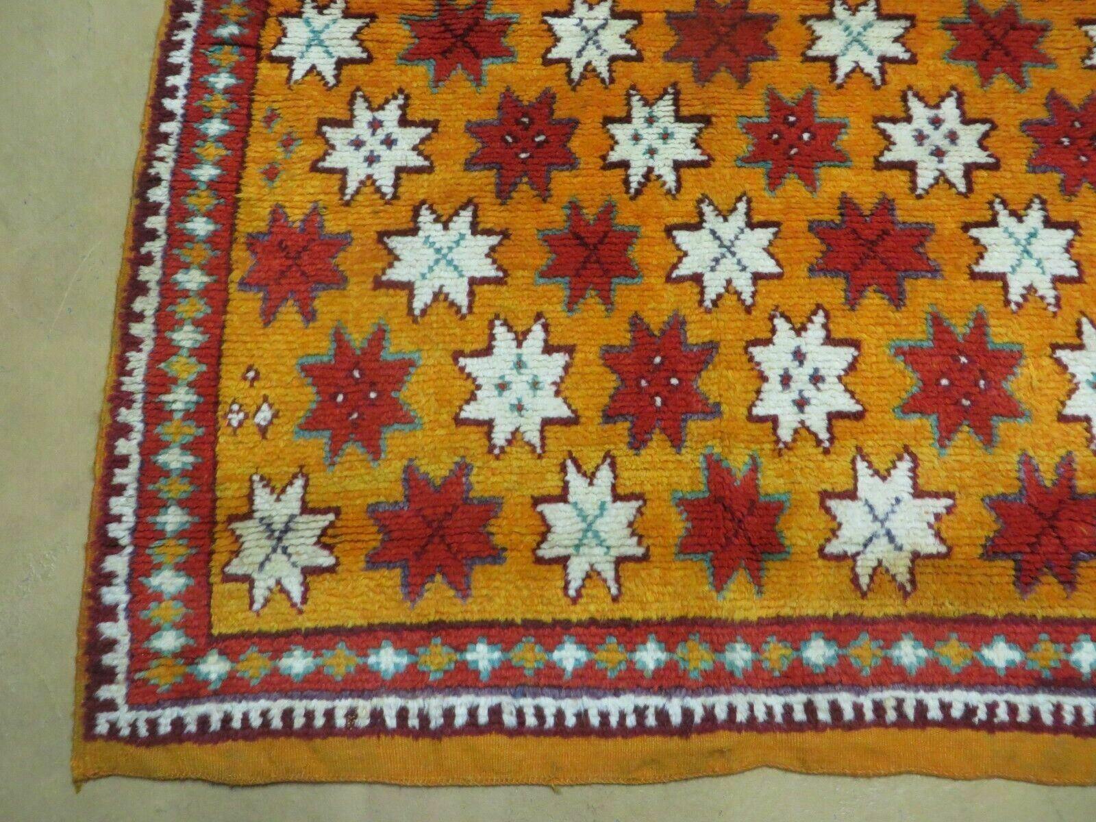 Vintage Moroccan Rug 4x5, Orange Ivory Red, Geometric Stars, Repeated Motif Allover, Hand Knotted Soft Wool Area Rug, Tribal Oriental Carpet - Jewel Rugs