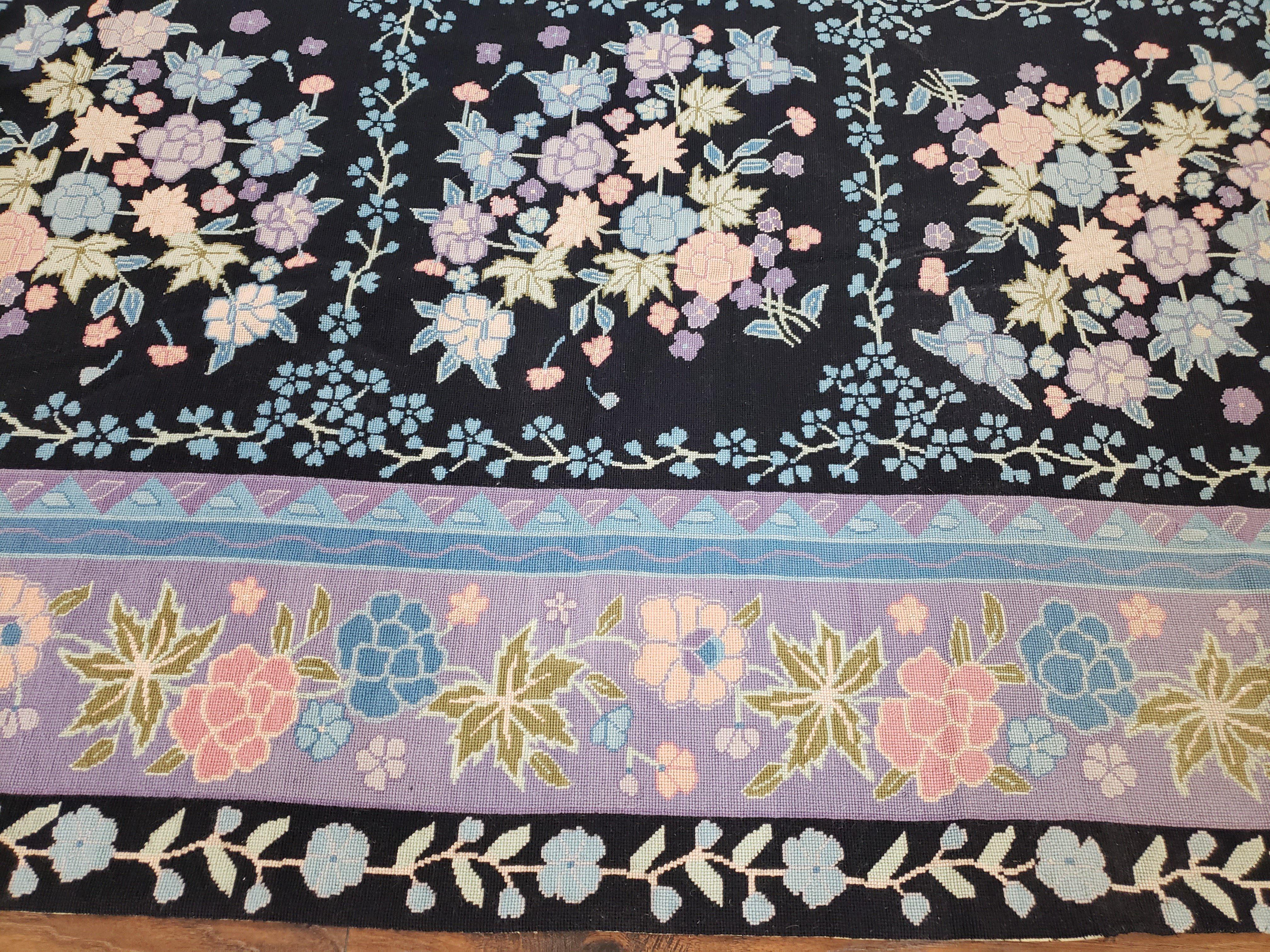 Chinese Needlepoint Rug 8 x 11.4, Hand-Woven Area Carpet, Flatweave Rug, Black Blue Light Violet Floral Garden European Design Wool Aubusson - Jewel Rugs