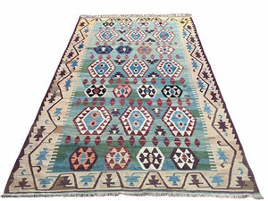 Turkish Kilim Carpet 8x12, Large Colorful New Kilim Rug, High Quality, Kilim Geometric Pattern, Blues, Yellows, Teal, Wool, Hand-Knotted - Jewel Rugs
