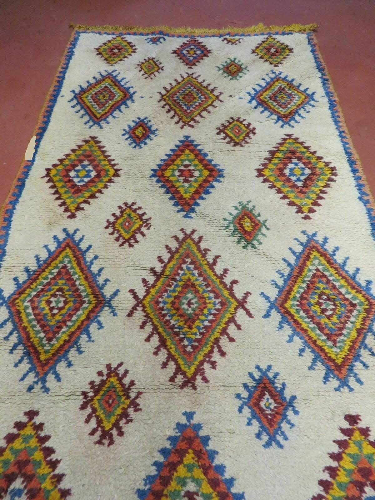 Moroccan Wide Runner Rug 3' 6" x 9', Vintage Azilal Berber Carpet Tribal Runner, Colorful Diamonds Ivory Orange Yellow, Soft Wool Handmade - Jewel Rugs