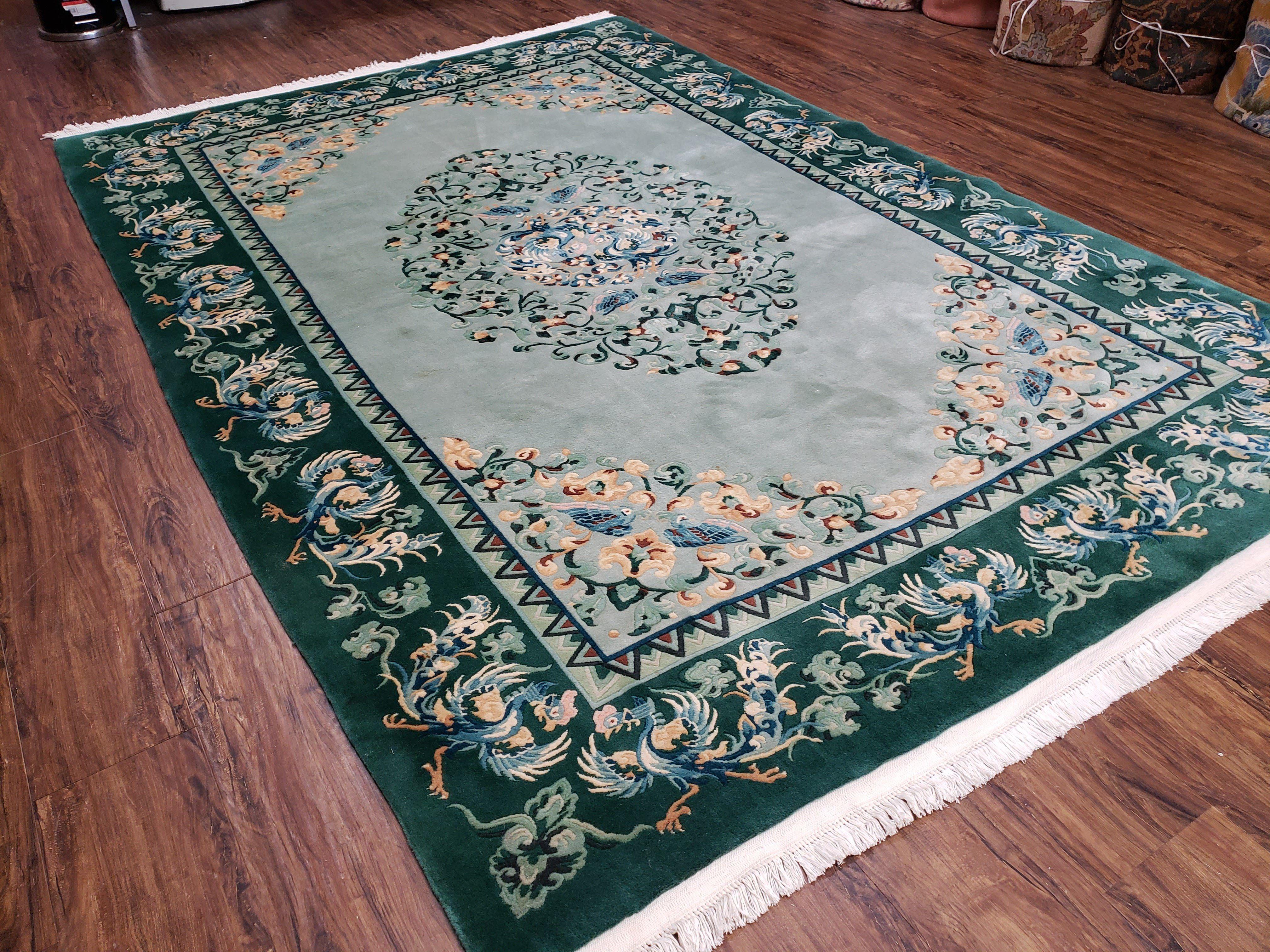 Vintage Light Teal & Green Chinese Art Deco Area Rug 6x9, Wool Hand-Knotted Carpet, 6 x 9 Nichols Rug, 1950s Birds Phoenix Rug, Pair A - Jewel Rugs