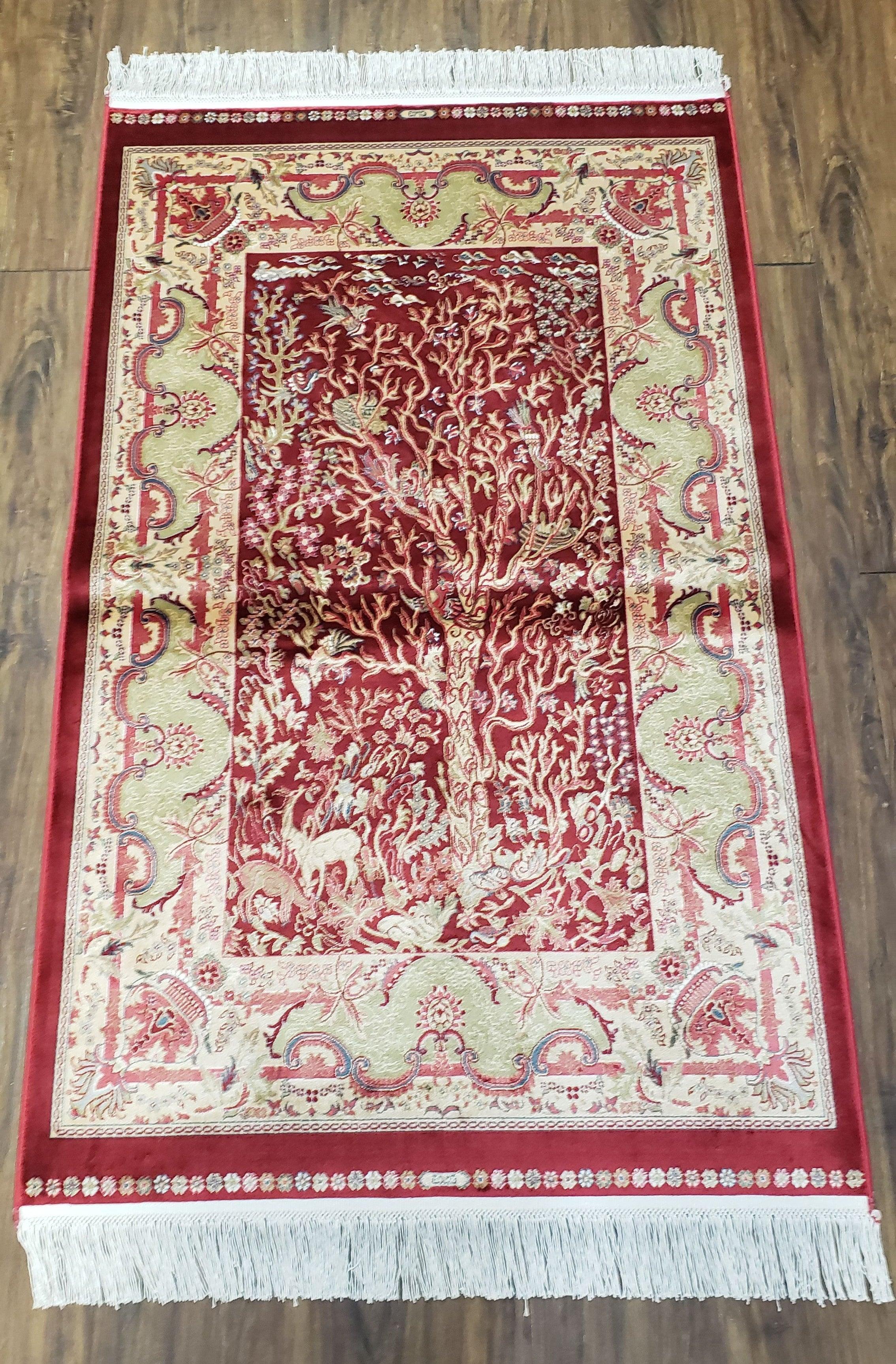 Tree of Life Silk Rug, Red, Beige, Deer, All Silk Oriental Carpet, Small Accent Rug, Very Detailed, Bamboo Silk, 2.5 x 4 ft, 2' 8" x 4' 1" - Jewel Rugs