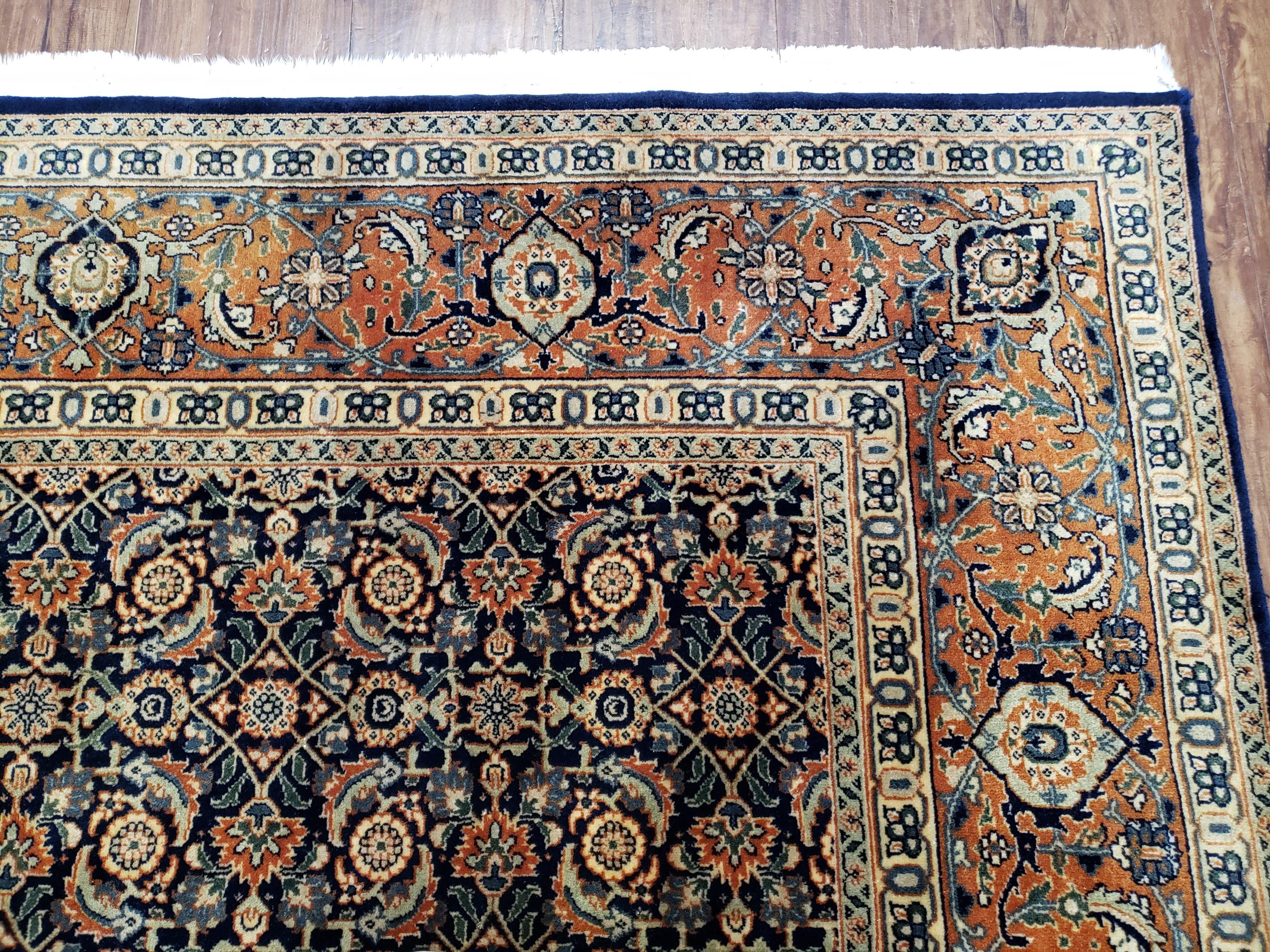 Hand-Knotted Square Rug 6x6 ft, Indo Persian Square Carpet, Indian Mahal Oriental Rug 6 x 6, Midnight Blue Burnt Orange Rug, Vintage, Wool - Jewel Rugs