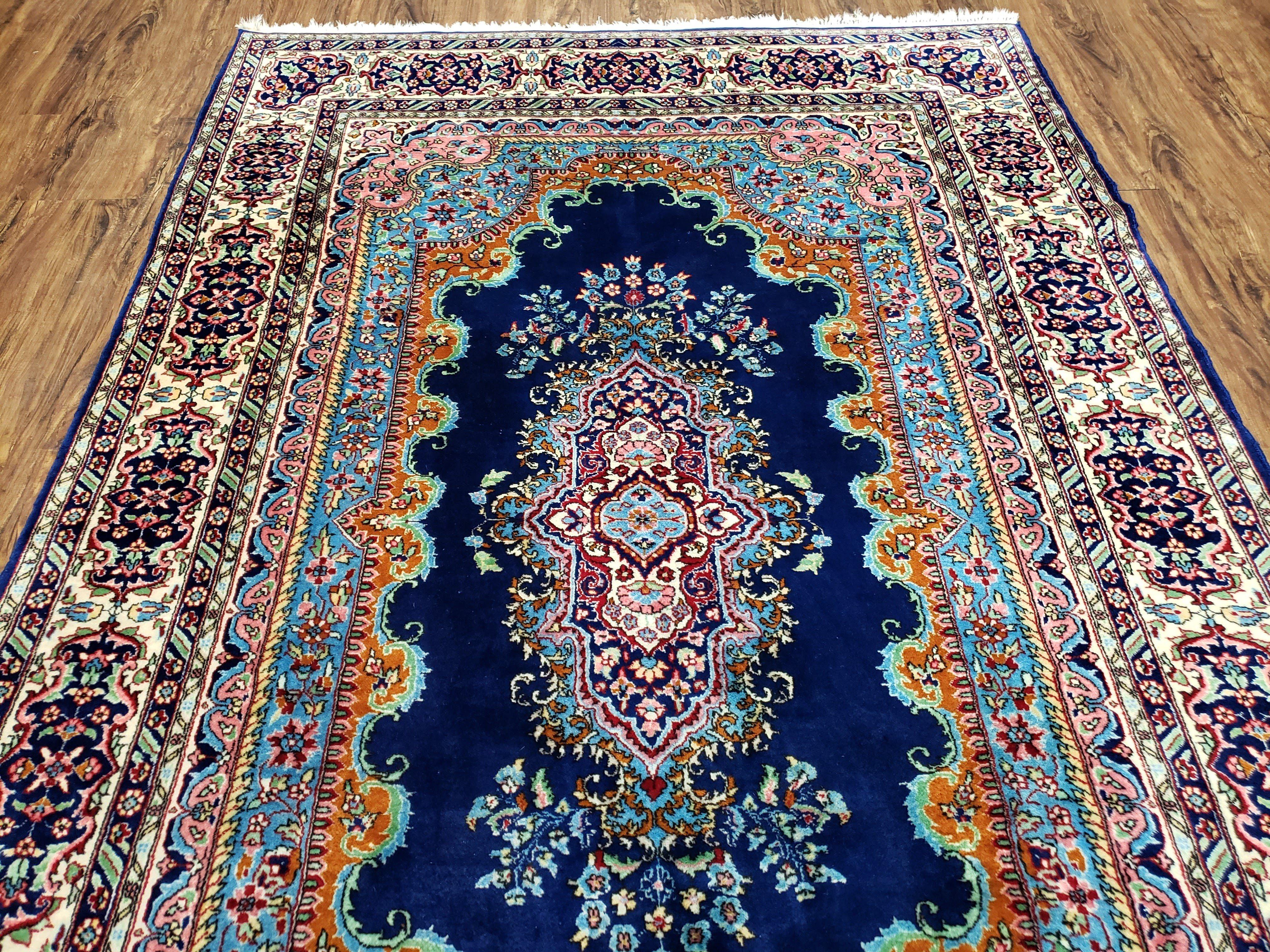 Vintage Indian Kirman Area Rug 4x7 - 5x7, Wool Hand-Knotted, Blue & Ivory Indo Persian Oriental Carpet, Medallion Rug, Office Room Rug - Jewel Rugs