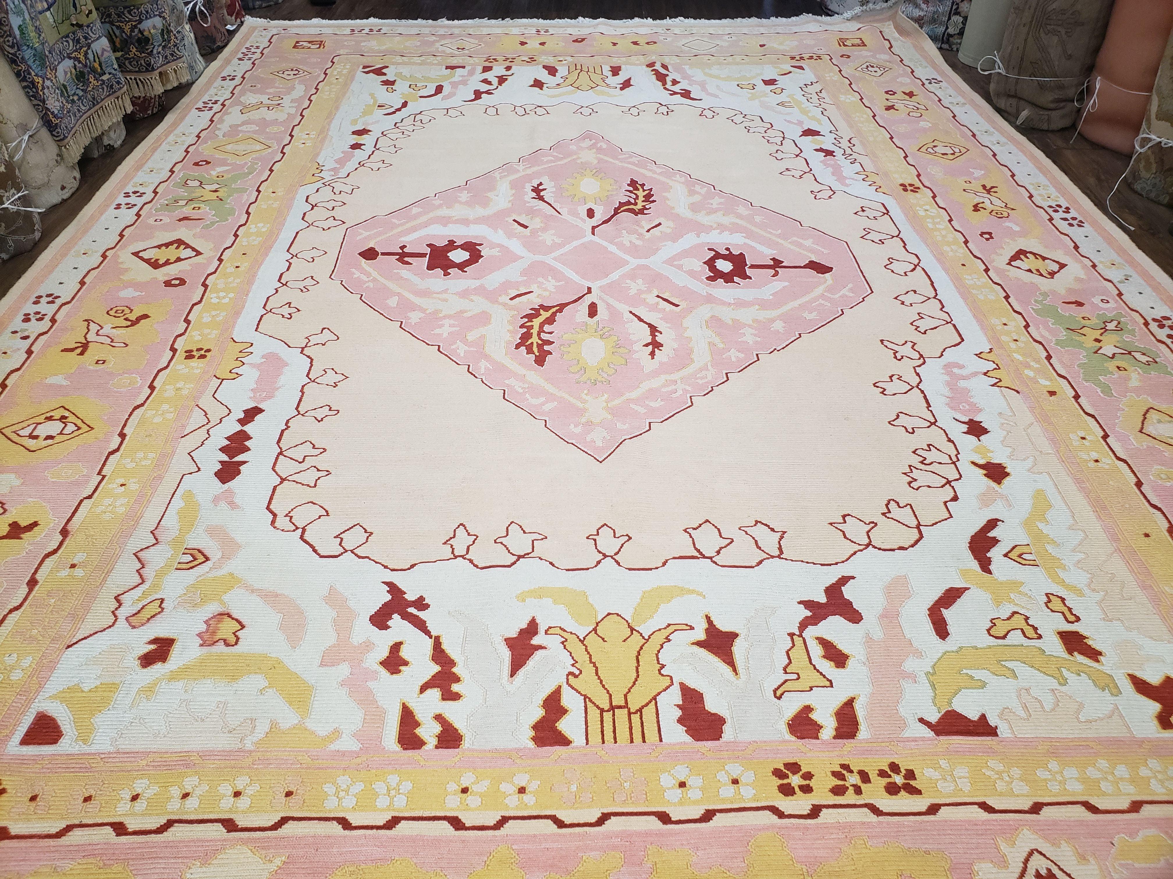 Large Turkish Kilim Carpet 10x14, Vintage Hand-Knotted Turkish Kilim Rug 10 x 14, Pink Cream Yellow Red, Decorative, Geometric, Unique - Jewel Rugs