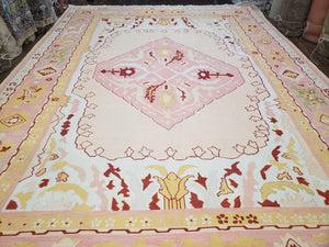 Large Turkish Kilim Carpet 10x14, Vintage Hand-Knotted Turkish Kilim Rug 10 x 14, Pink Cream Yellow Red, Decorative, Geometric, Unique - Jewel Rugs
