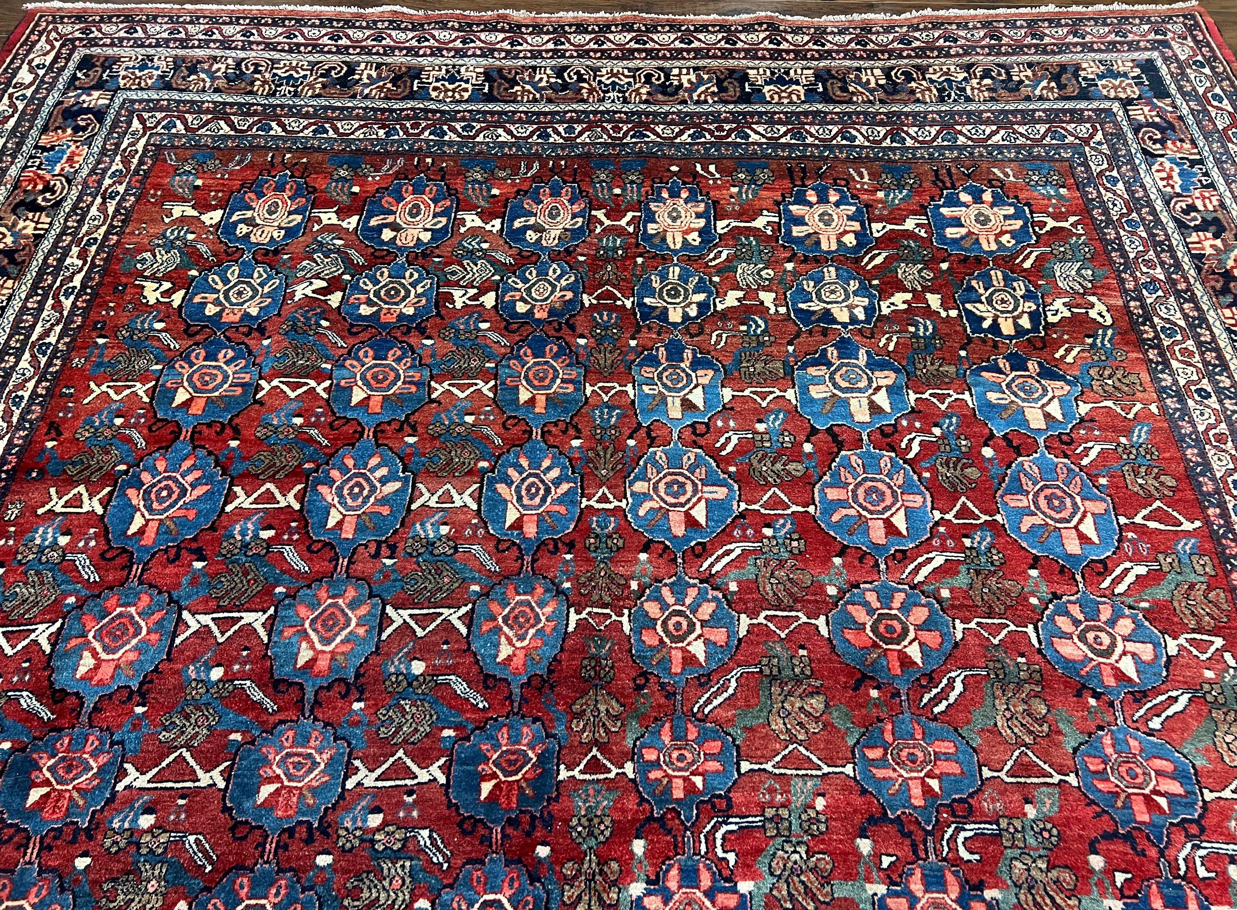 Antique Persian Bijar Rug 9x12 - Allover Motif, Red & Blue - Jewel Rugs