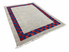 5' 7" x 7' 9" Geometric Kilim Carpet, Gray, Handmade, Hand-Knotted Area Rug, Blue & Red, Flatweave, Wool, New, Checkerboard Pattern - Jewel Rugs