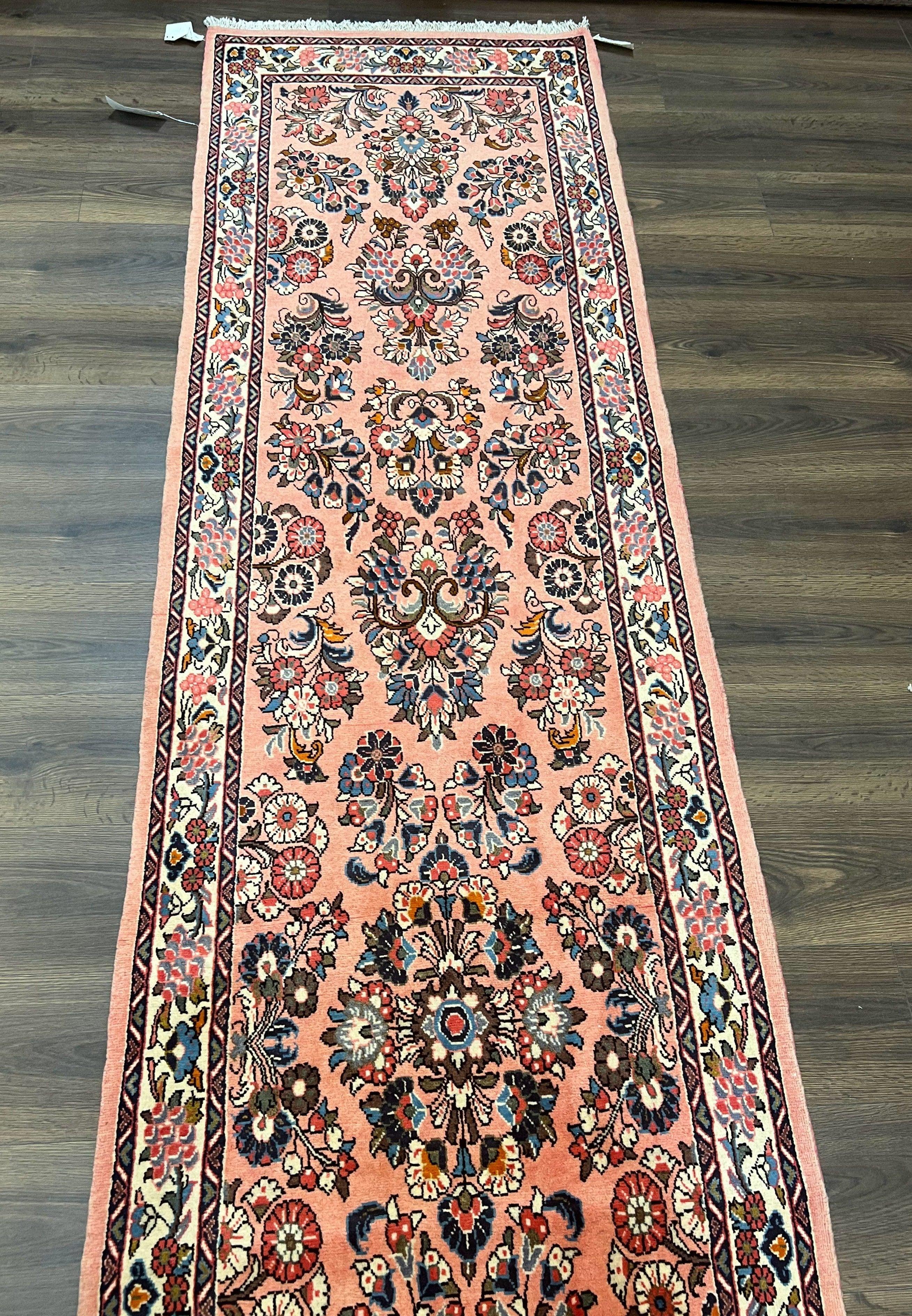 Persian Runner Rug 2.9 x 13.6, Semi Antique Vintage Persian Sarouk Hallway Rug, Wool Oriental Runner, Salmon and Cream, Floral Allover Hand Knotted - Jewel Rugs