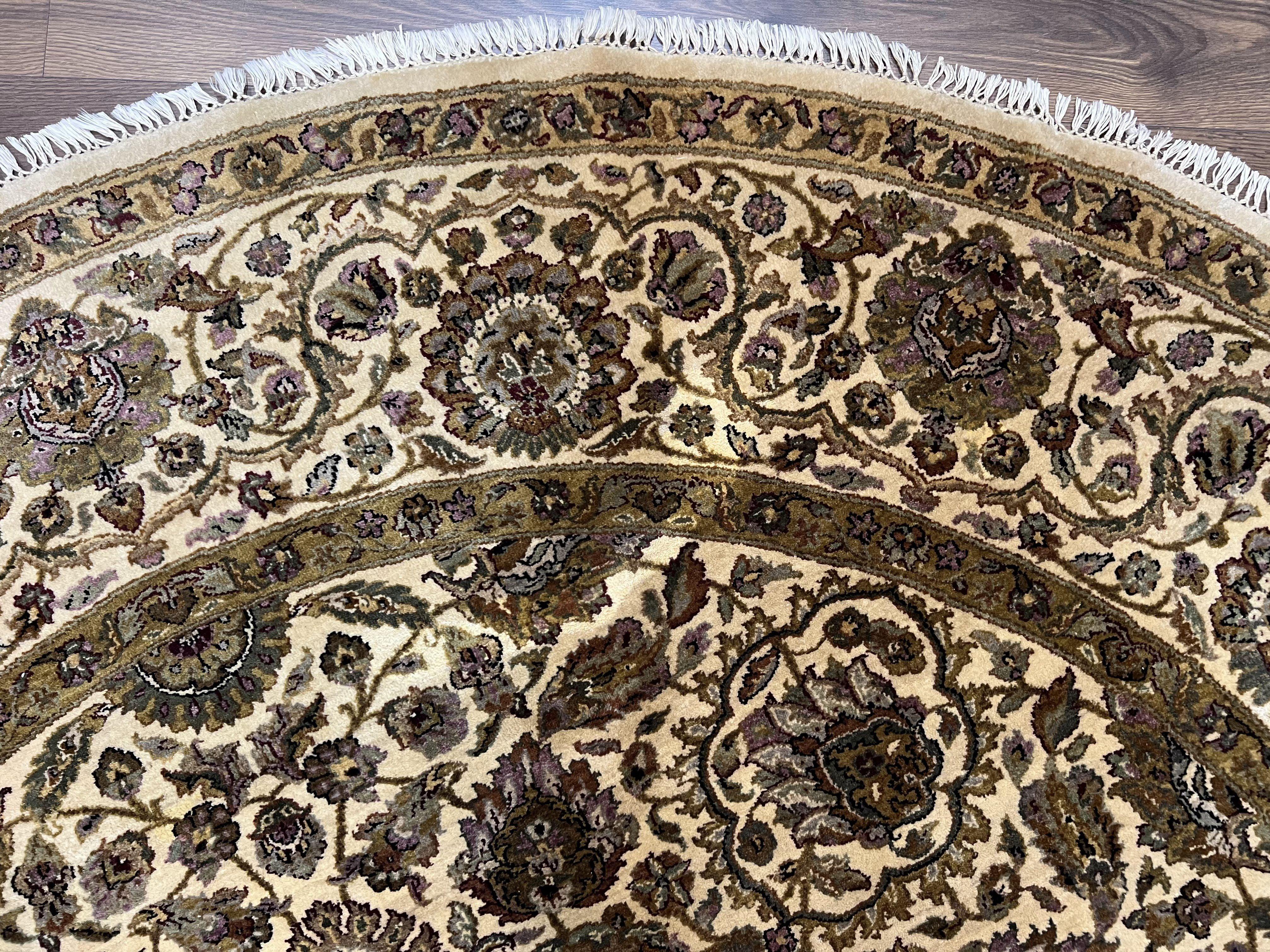 Round Indo Persian Rug 8x8 ft, Large Hand Knotted Vintage Wool Circular Carpet, 8ft Round Oriental Rug, Floral Medallion, Cream and Green - Jewel Rugs