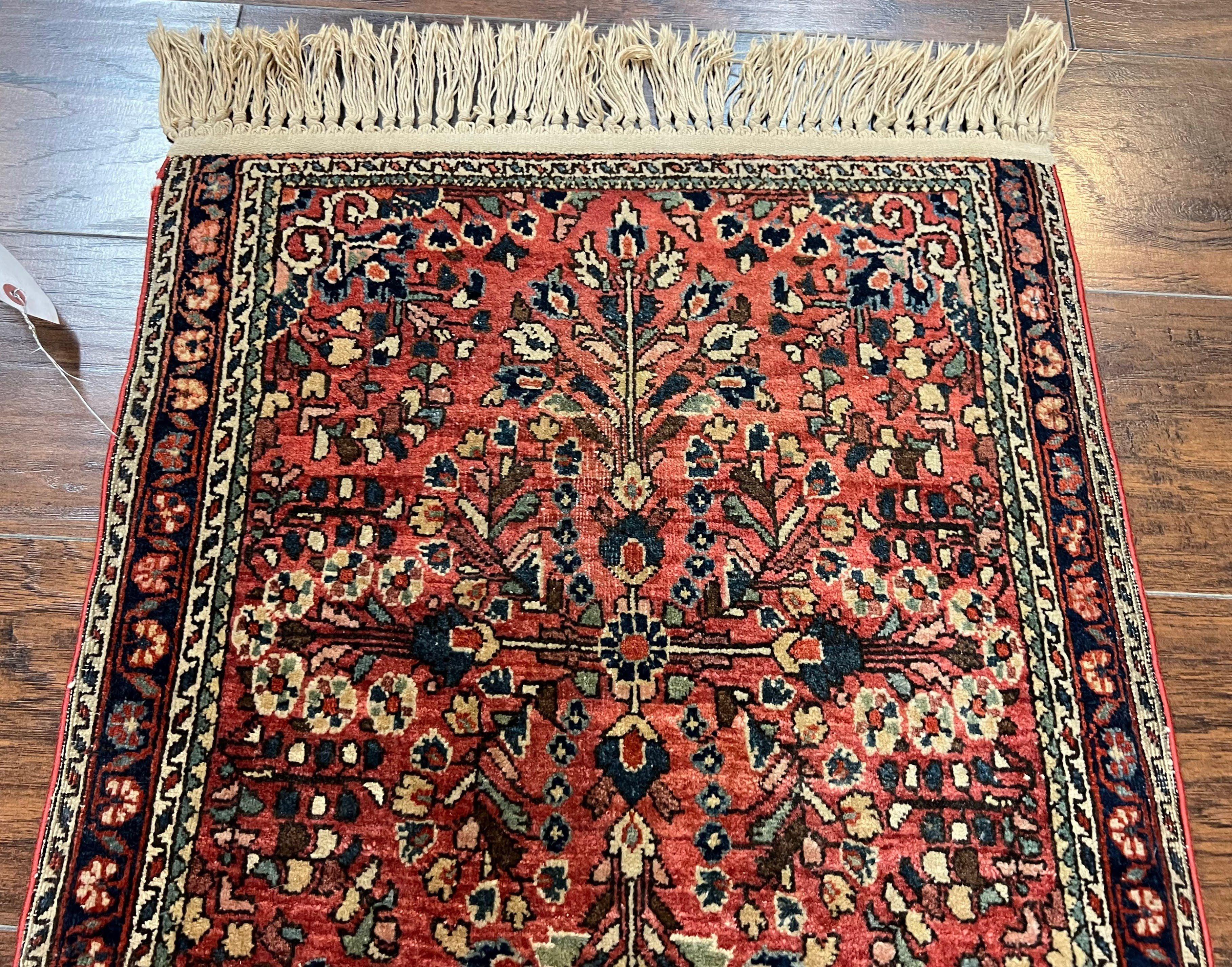 Antique Persian Sarouk Rug 2x3, Small Wool Persian Carpet 2 x 3 ft, Floral, Red Navy Blue Cream, Hand Knotted Small Traditional Oriental Accent Rug - Jewel Rugs