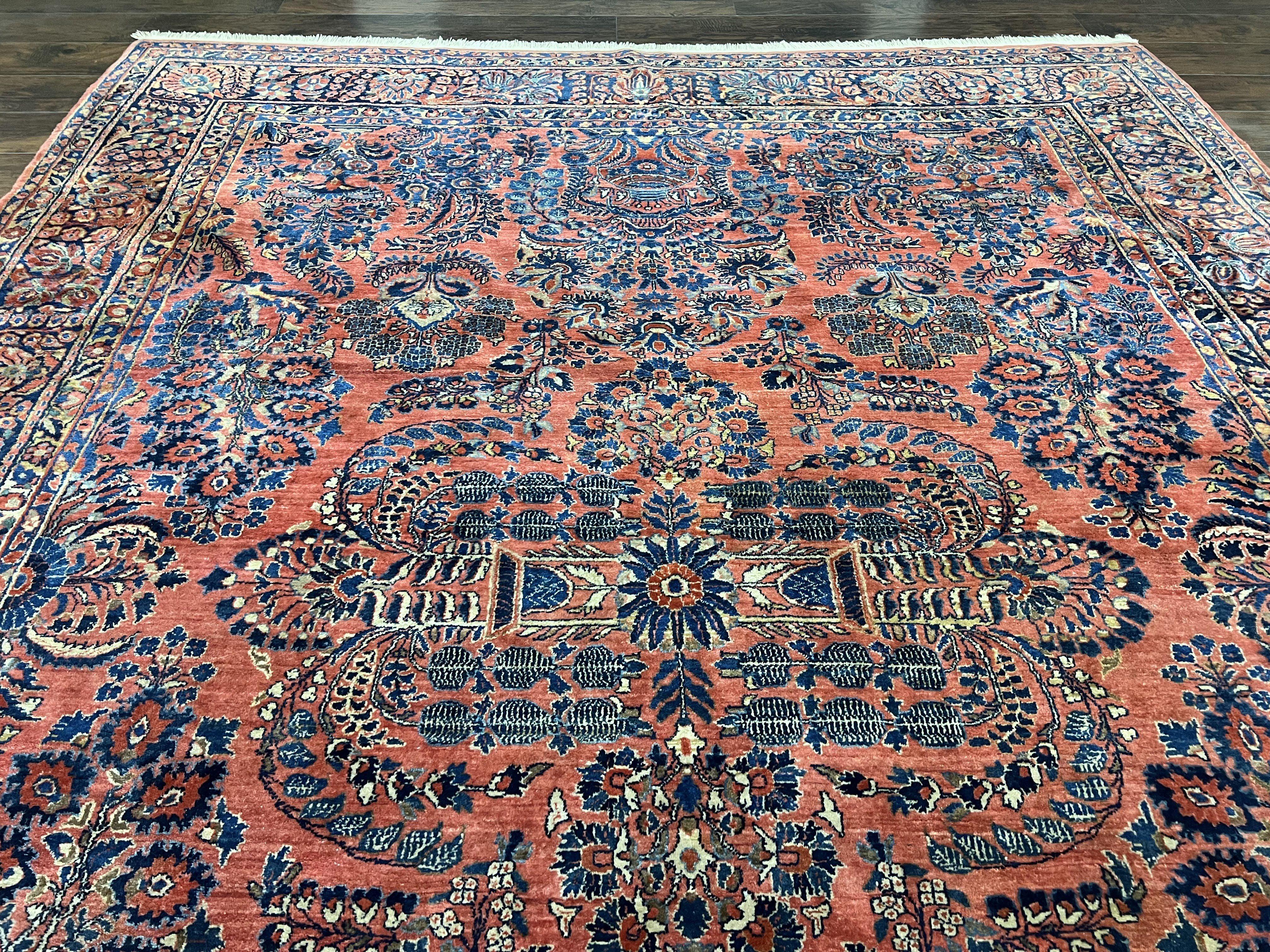 1920s Antique Persian Rug 9x12, Red Blue Hand Knotted, Allover Floral Pattern, High Quality, Room Sized Oriental Carpet, Wool, Collectible - Jewel Rugs