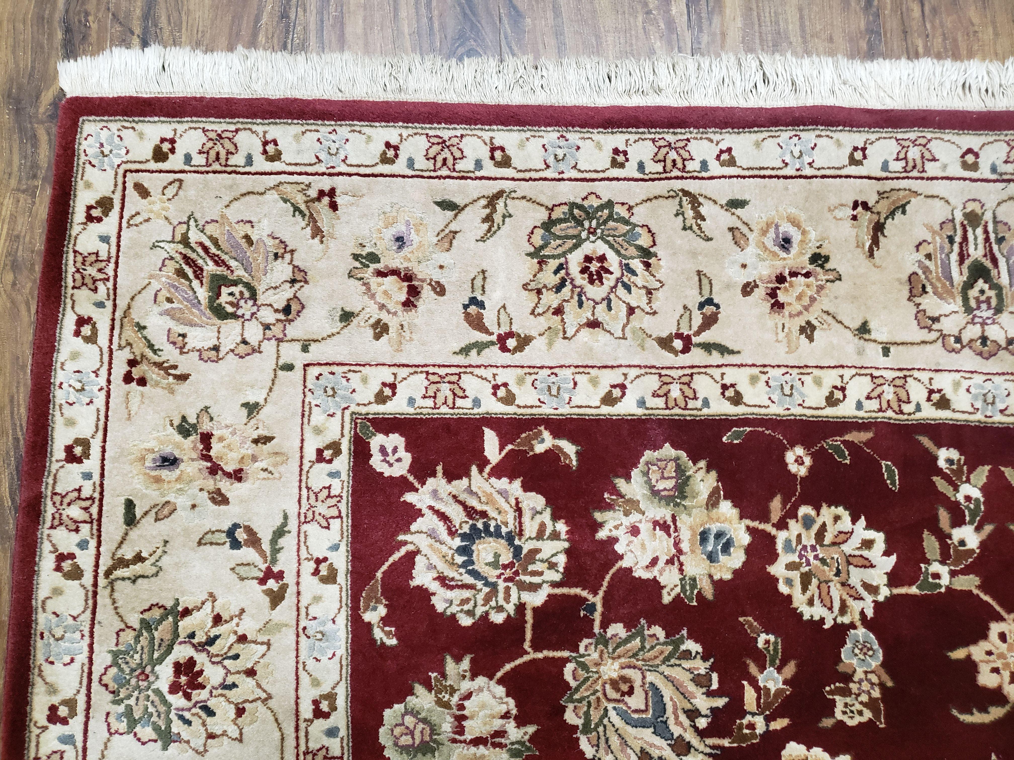 Vintage Traditional Oriental Area Rug, Hand-Knotted, Wool & Silk Accents, Maroon Red and Beige, 6x9 Carpet, 5' 9" x 9' - Jewel Rugs