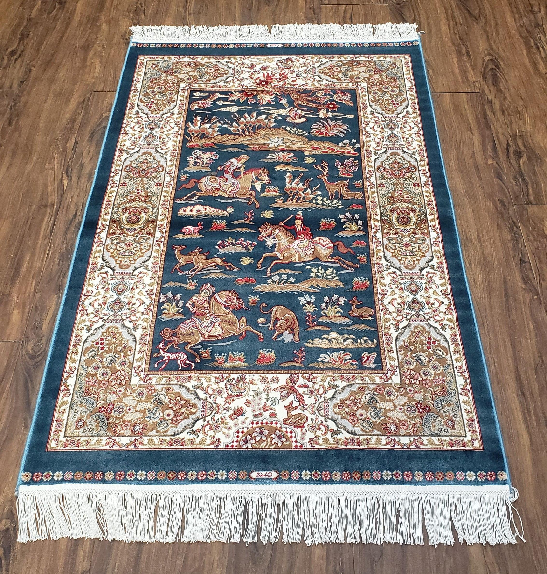 Hunting Scene Silk Rug, Small Silk Carpet, Hanging Wall Rug, Royal Blue & Cream, Horses, 80 x 125 cm, 2.5x4 Rug, 2' 8" x 4' 1" - Jewel Rugs