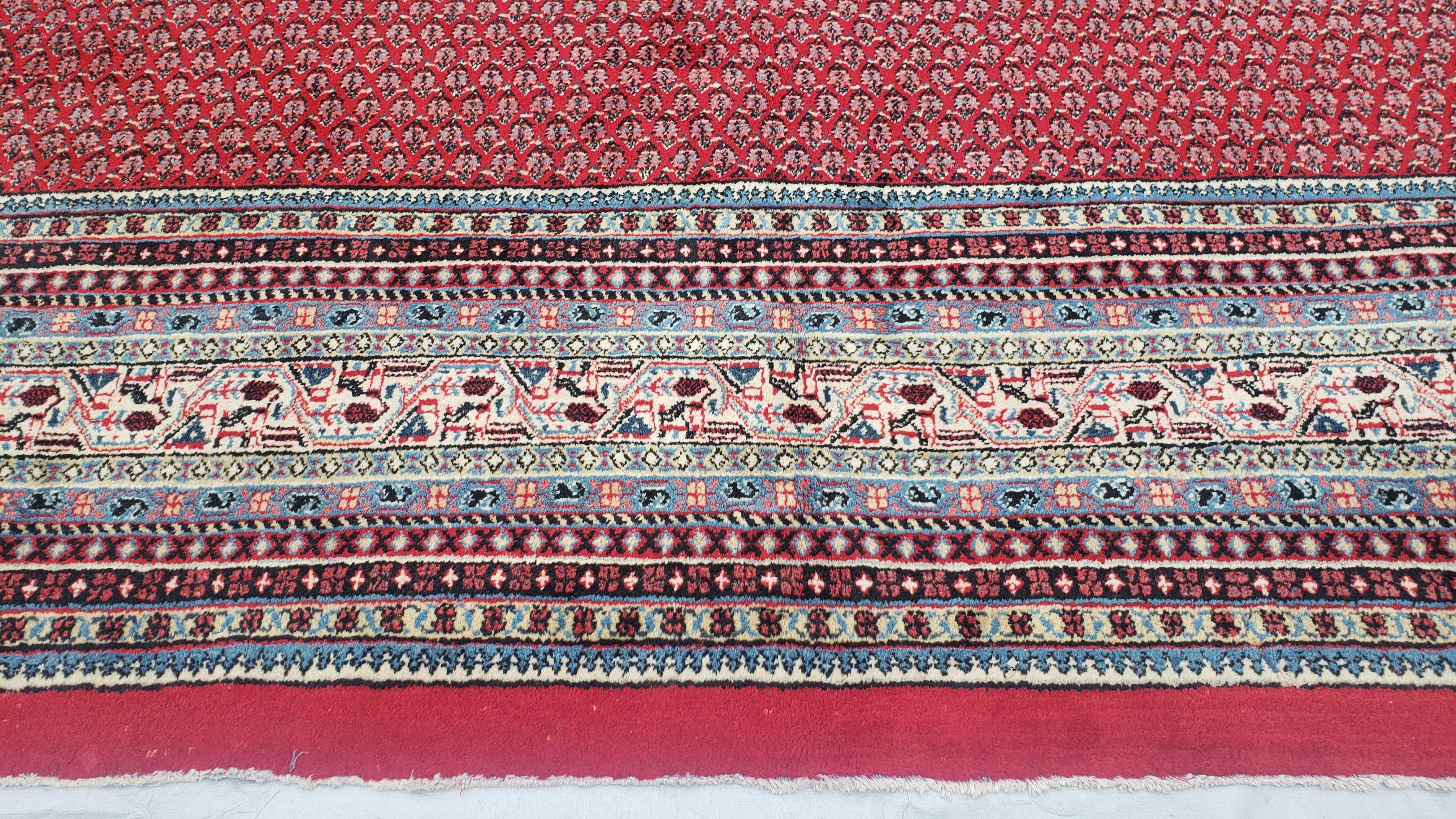 Persian Sarouk Mir Pattern, Red and Beige, Hand-Knotted, Wool, Paisley Boteh Design, 9'9" x 13', Semi Antique - Jewel Rugs