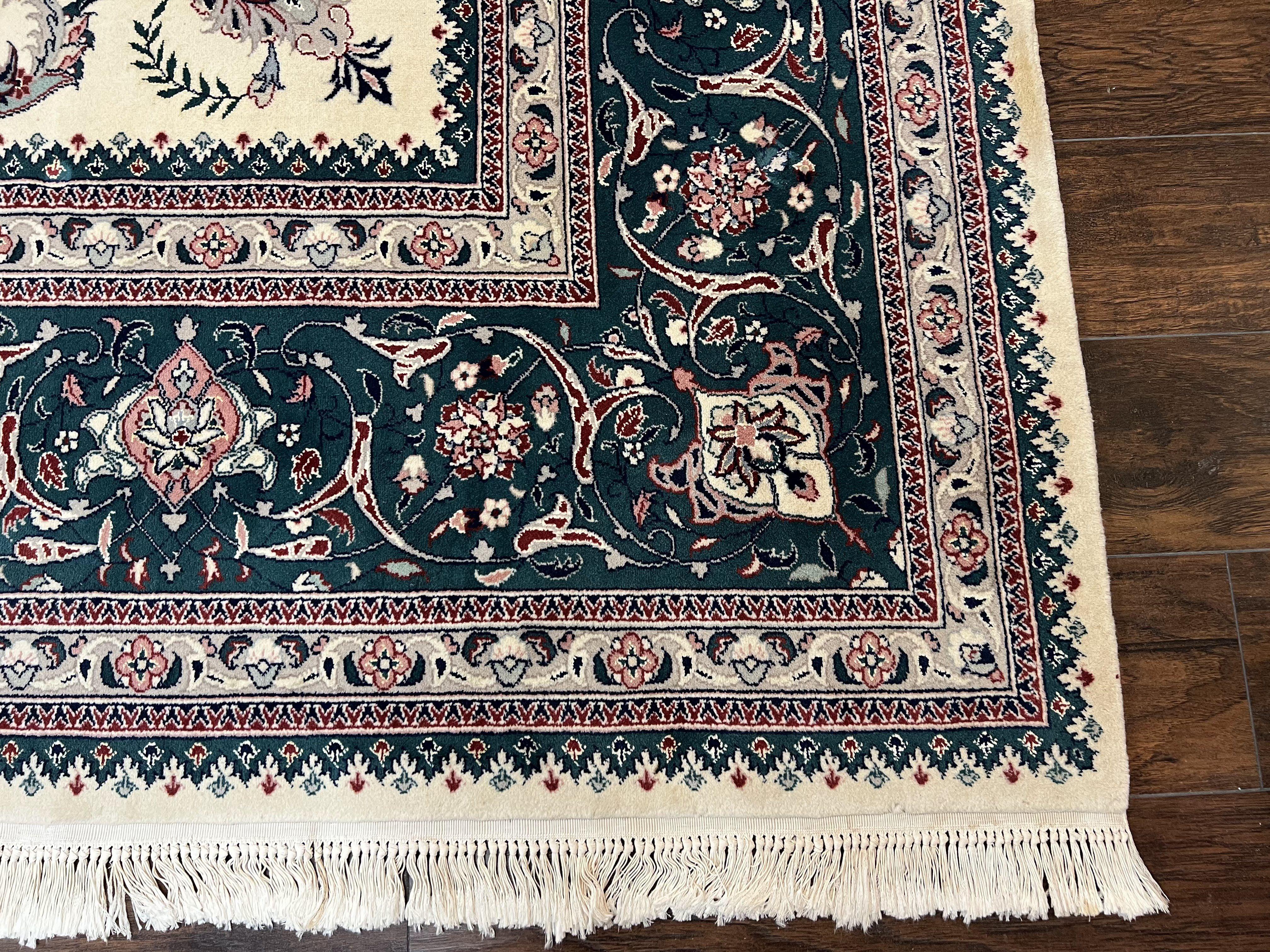 Oversized Persian Rug 12x18, Palace Sized Wool Oriental Carpet Handmade, Ivory/Cream Midnight Green, Floral Allover, Elegant, Traditional - Jewel Rugs