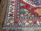 Vintage Turkish Kazak Area Rug, 6ft Square Rug, 6x6 Square Oriental Carpet, Hand-Knotted, Wool, Bold Colors, Red Blue Green, Geometric Rug - Jewel Rugs